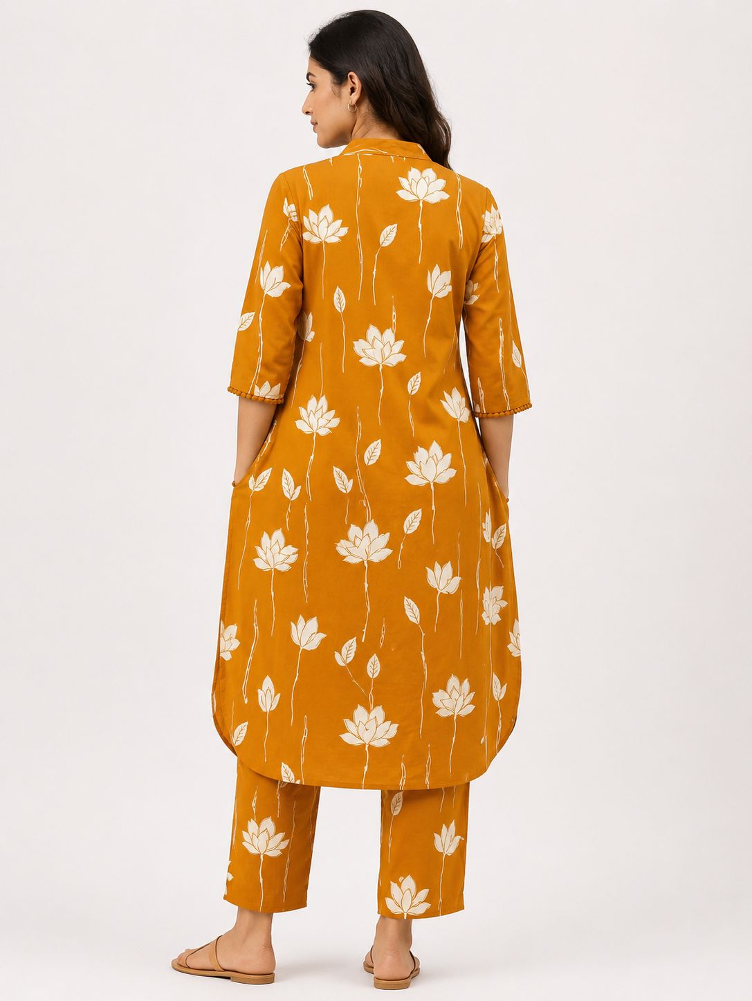 Women's Rust Brown 3/4 Sleeve 2-Piece  Kurti with Floral Vine Embroidered Neckline