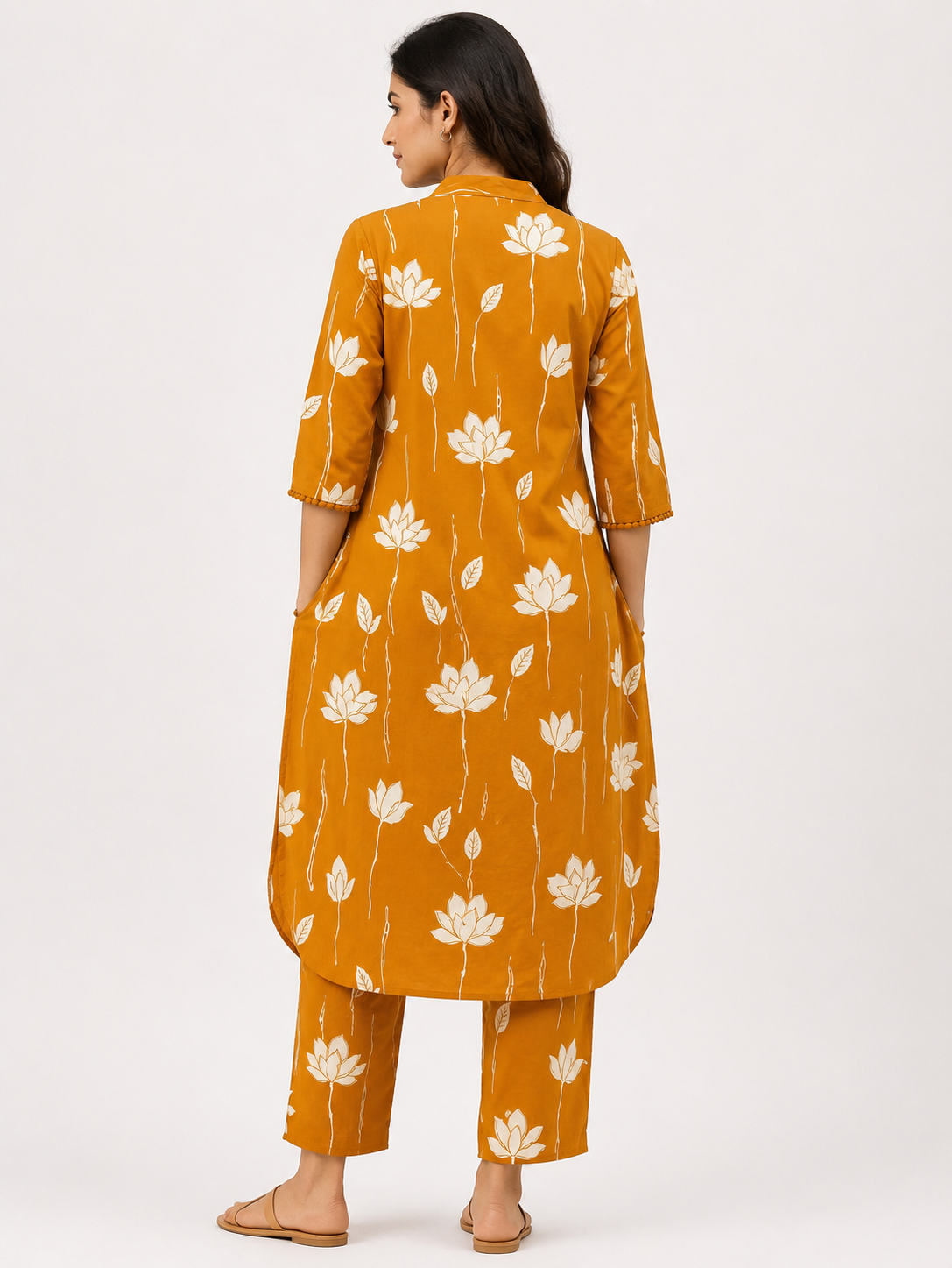 Women's Rust Brown 3/4 Sleeve 2-Piece  Kurti with Floral Vine Embroidered Neckline