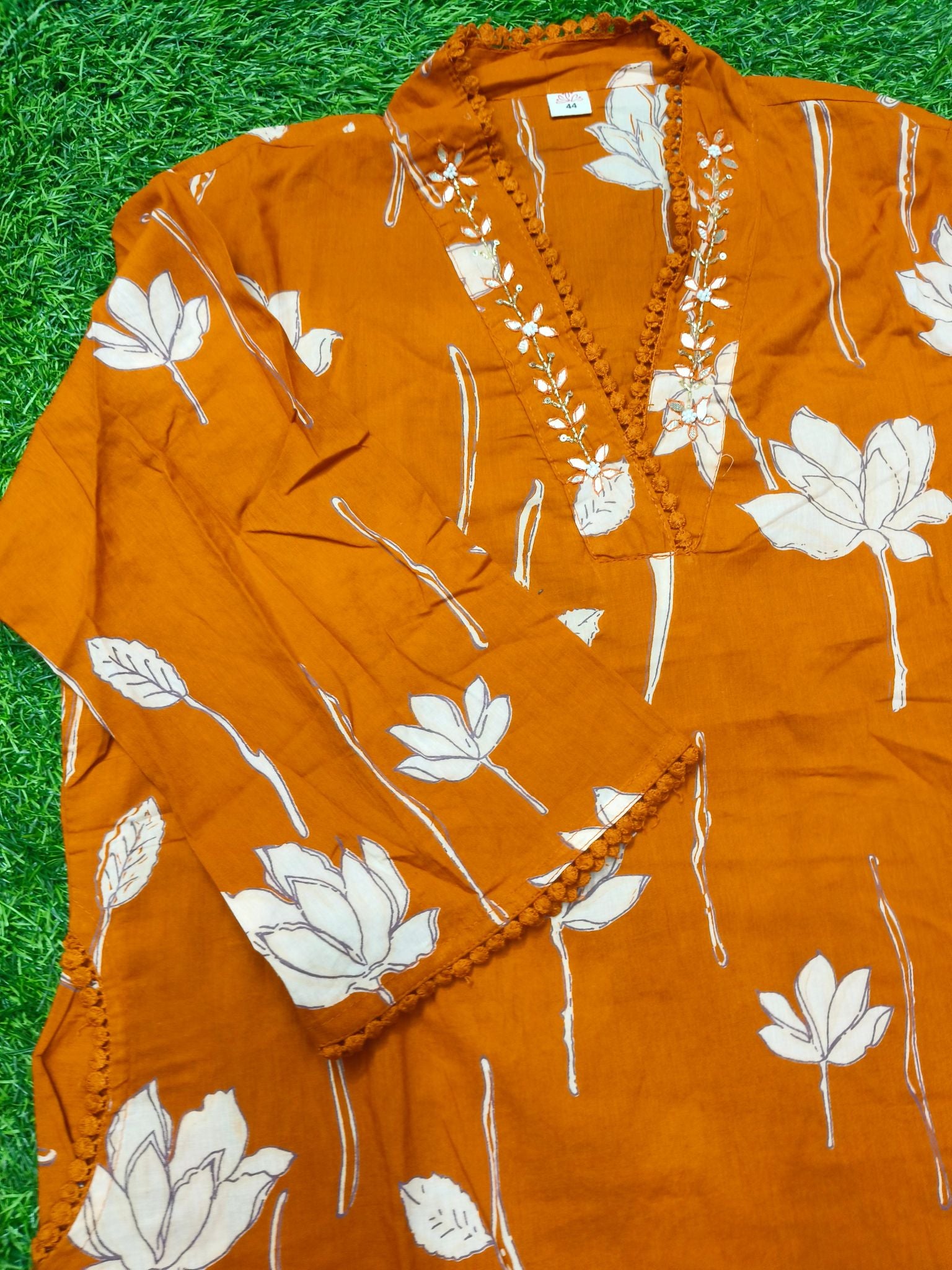 Women's Rust Brown 3/4 Sleeve 2-Piece  Kurti with Floral Vine Embroidered Neckline