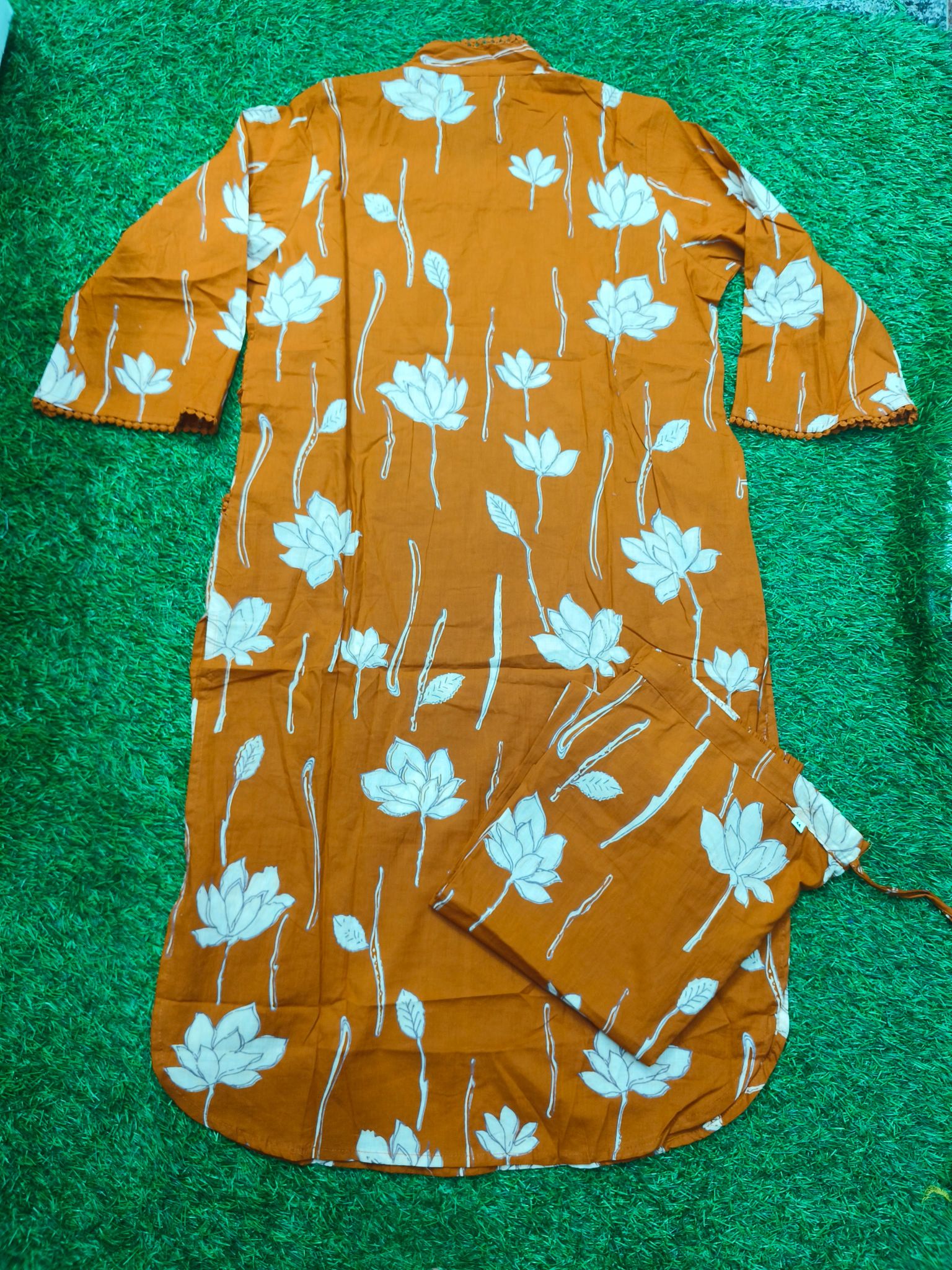 Women's Rust Brown 3/4 Sleeve 2-Piece  Kurti with Floral Vine Embroidered Neckline