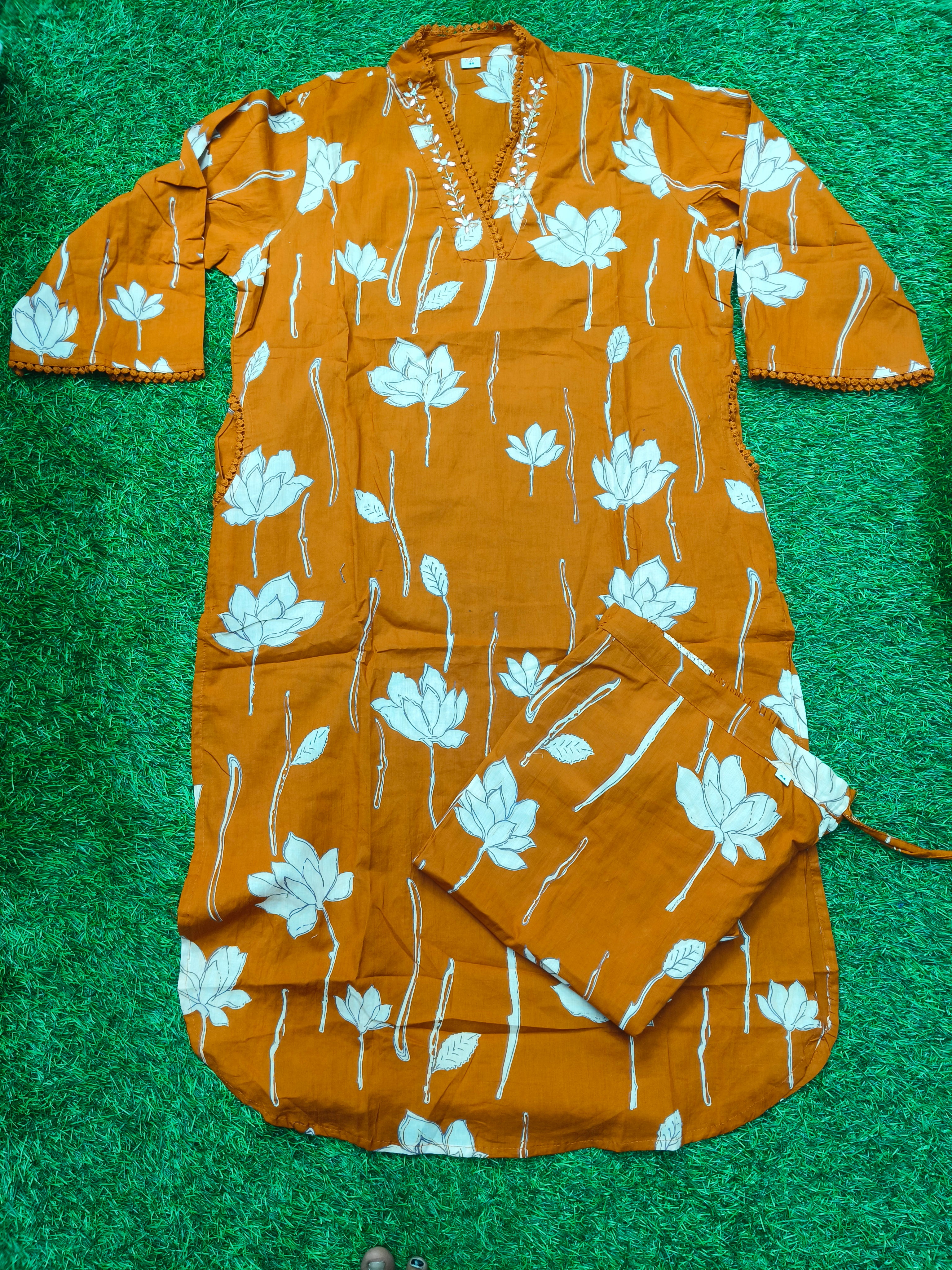 Women's Rust Brown 3/4 Sleeve 2-Piece  Kurti with Floral Vine Embroidered Neckline