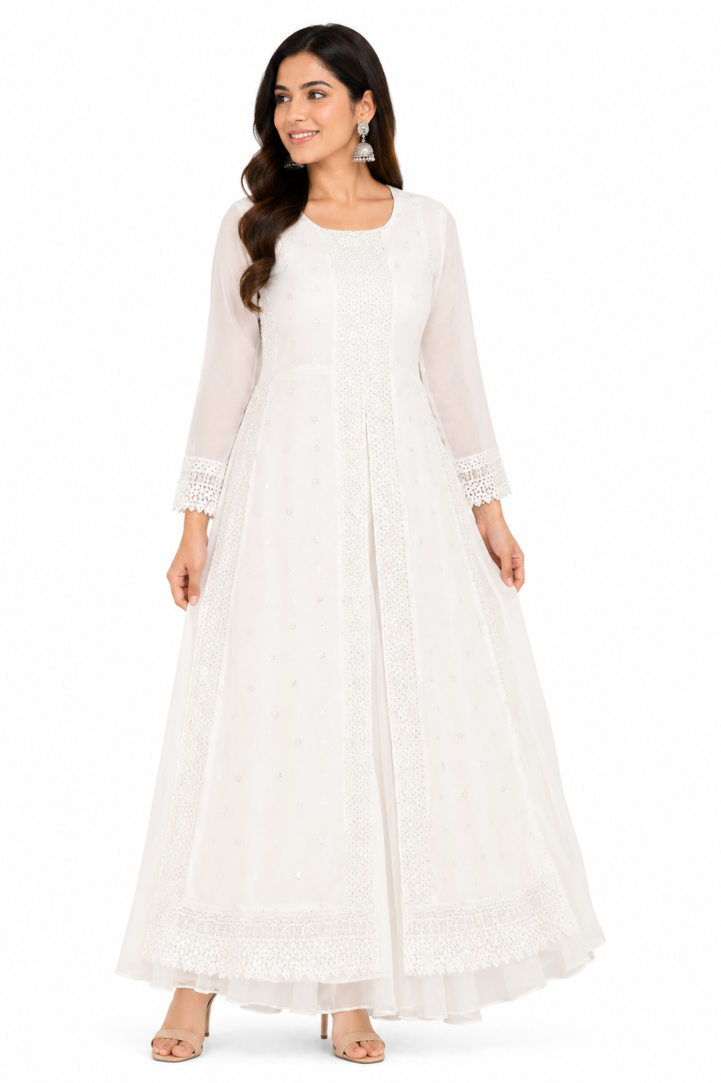 Women's Elegant Off-White Long Georgette Kurti Set with 2-Layer Design