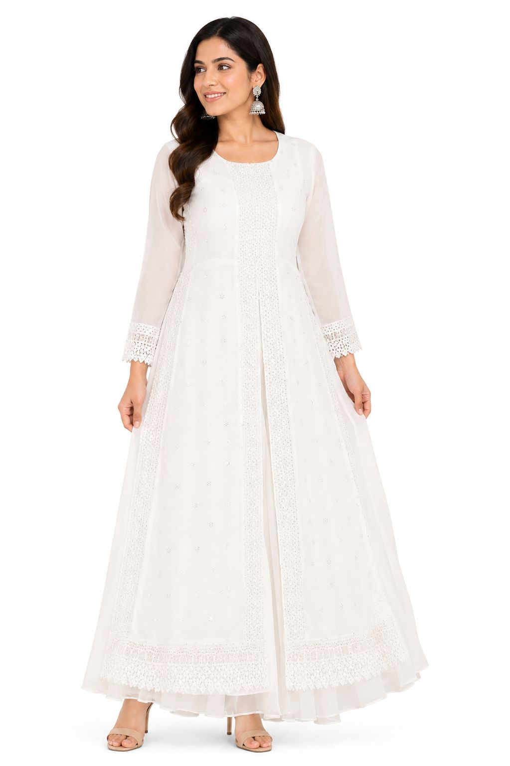 Women's Elegant Off-White Long Georgette Kurti Set with 2-Layer Design