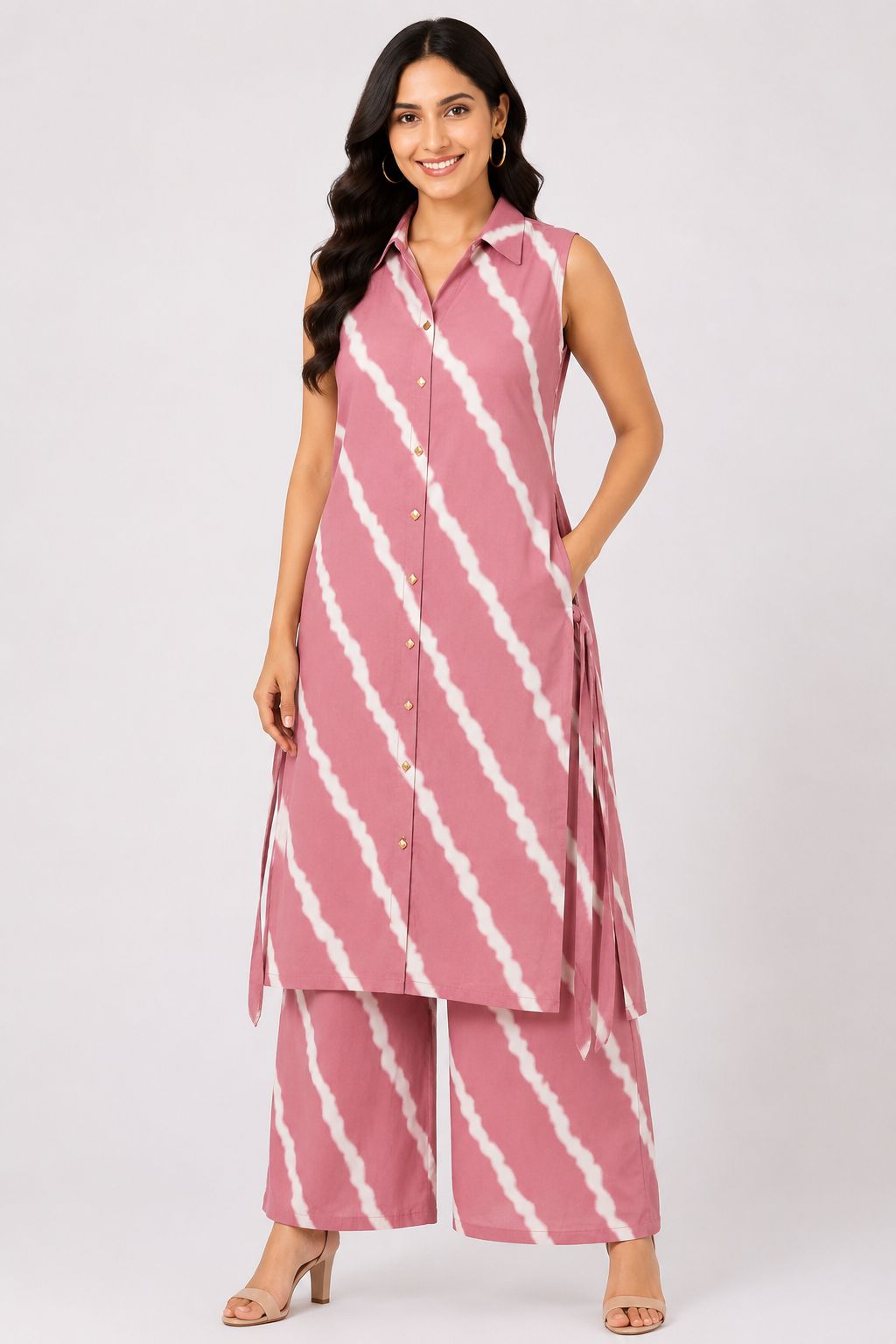 Women's Casual Violet Sleeveless Kurti Co-Ord Set with Collared V-Neck