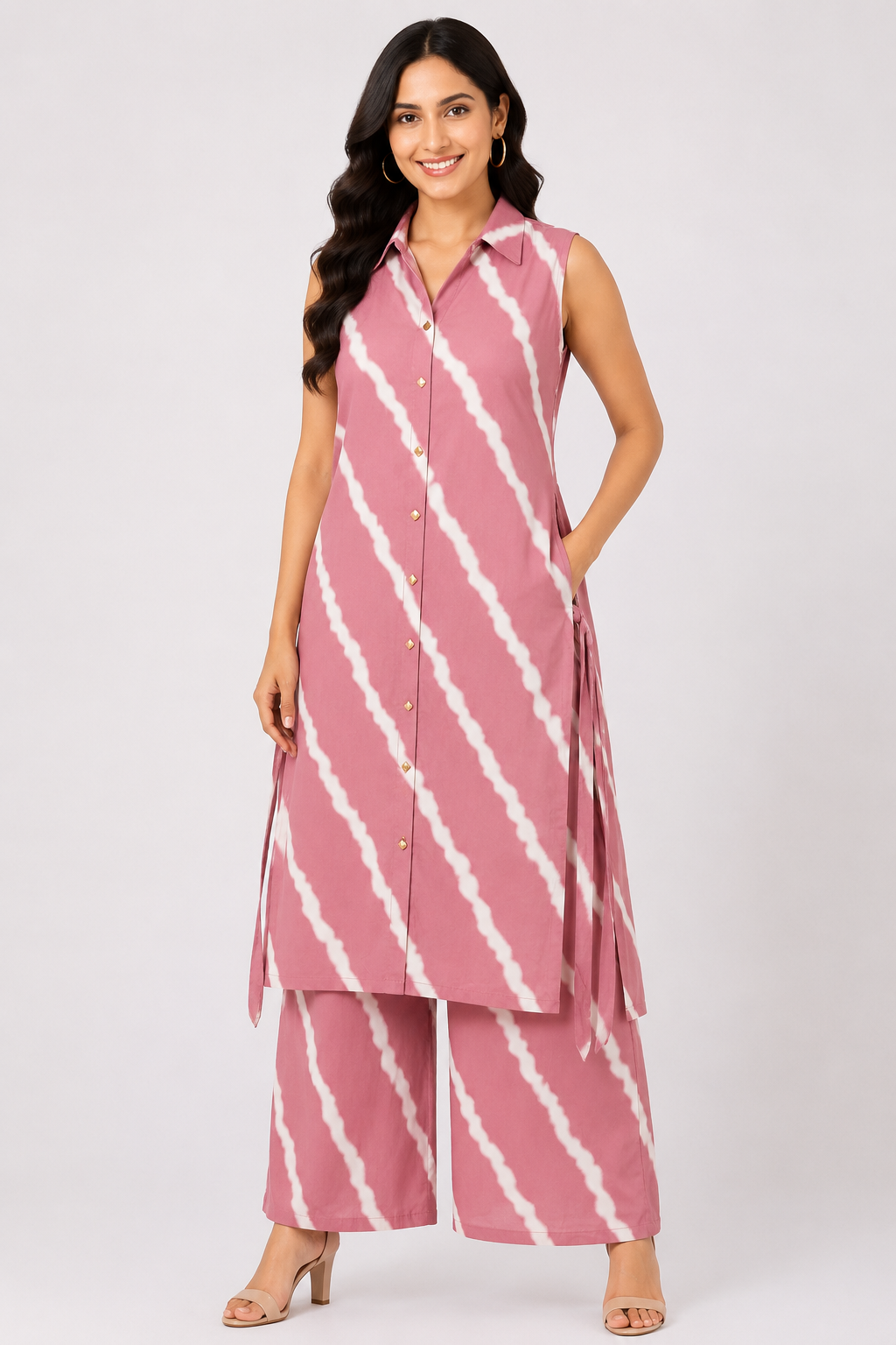 Women's Casual Violet Sleeveless Kurti Co-Ord Set with Collared V-Neck