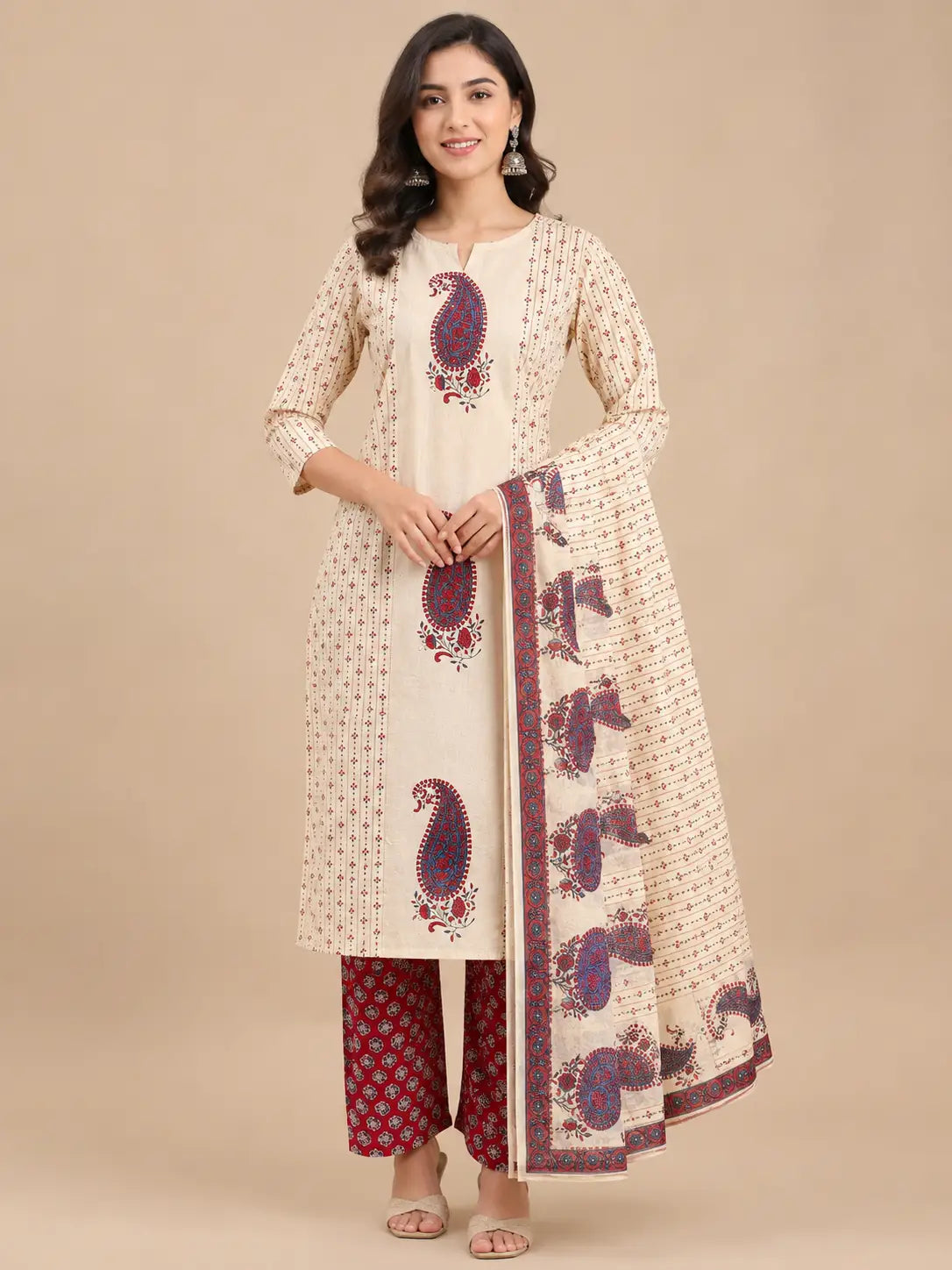 Women's Cream Ethnic 3-Piece Kurti Set with Floral Print and 3/4 Sleeves