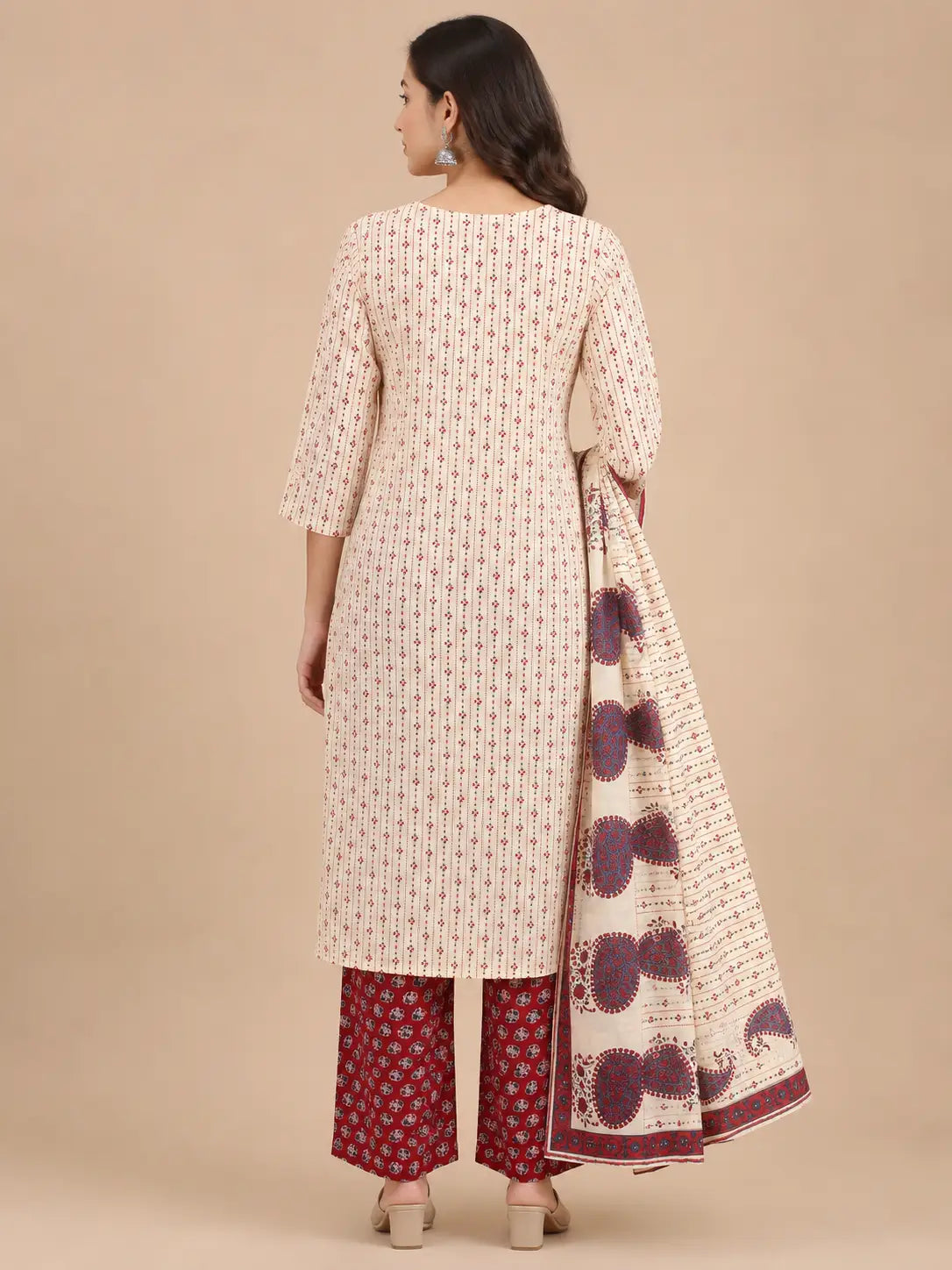 Women's Cream Ethnic 3-Piece Kurti Set with Floral Print and 3/4 Sleeves