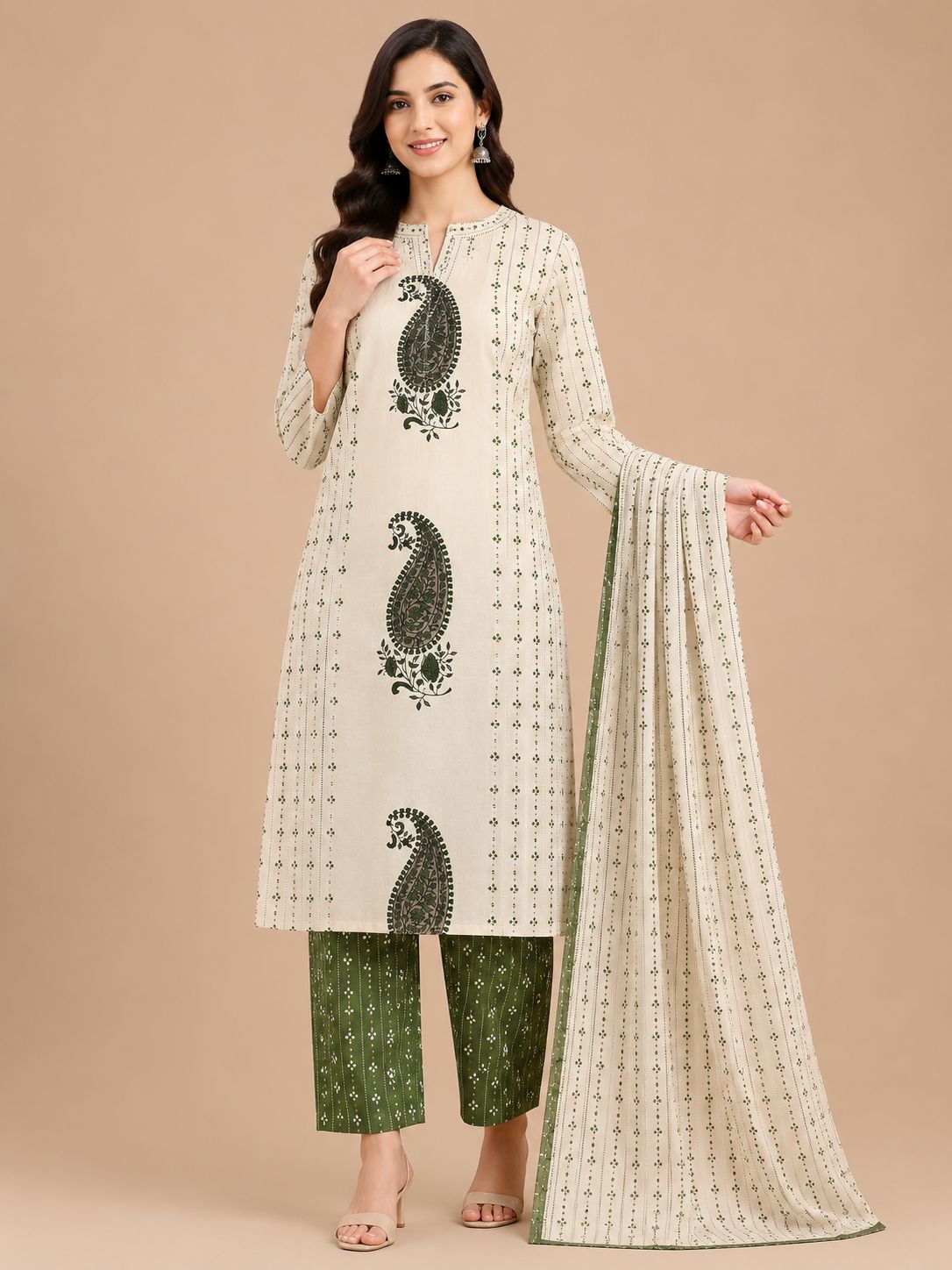 Women's Festive Cream 3-Piece Kurti Set with Embroidered Neckline