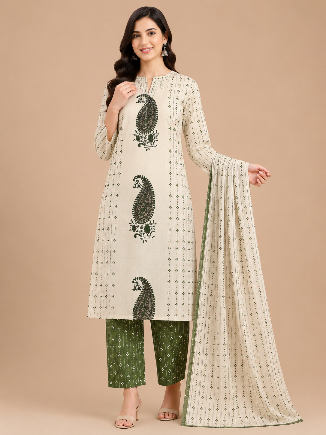 Women's Festive Cream 3-Piece Kurti Set with Embroidered Neckline