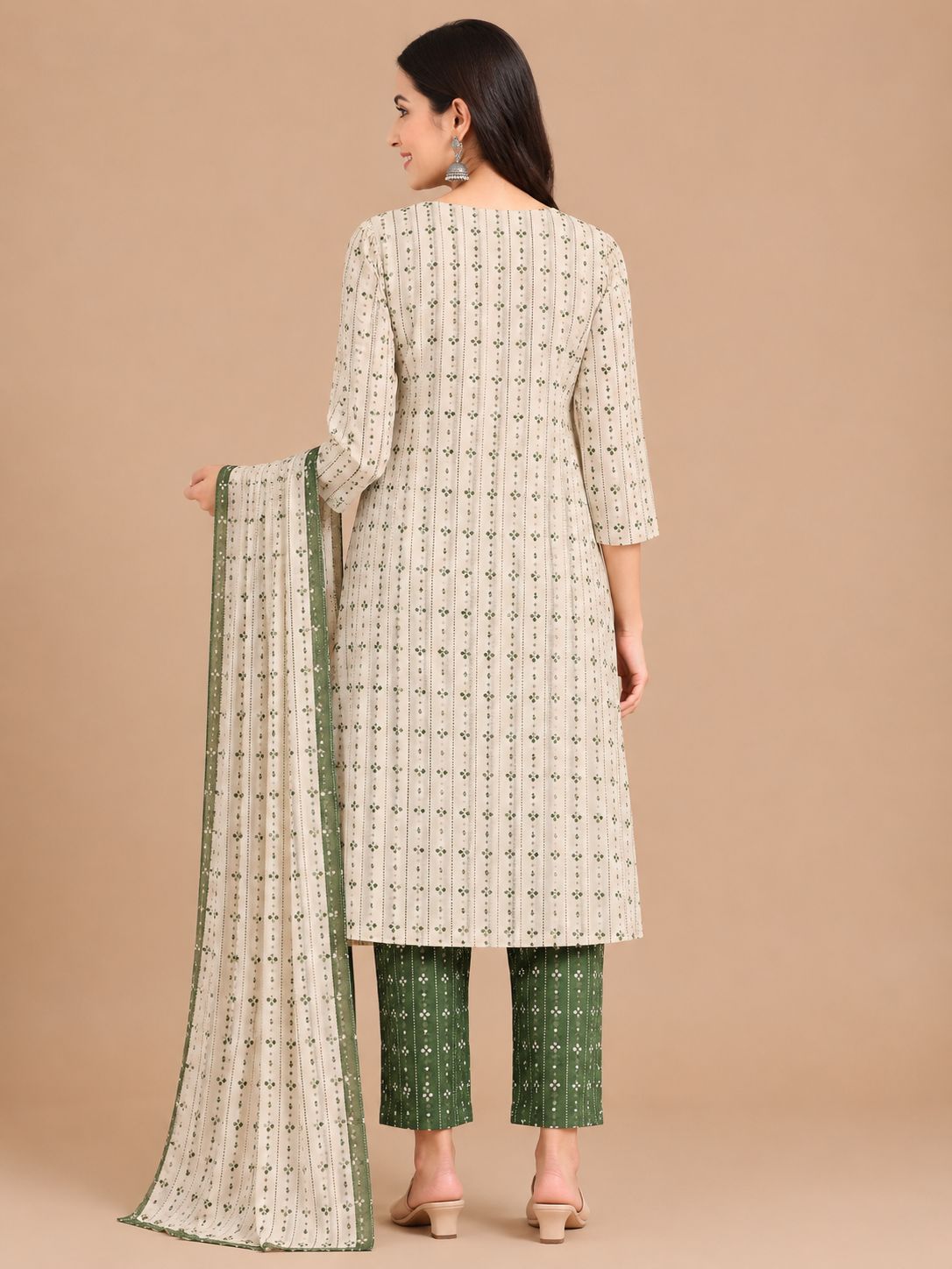 Women's Festive Cream 3-Piece Kurti Set with Embroidered Neckline