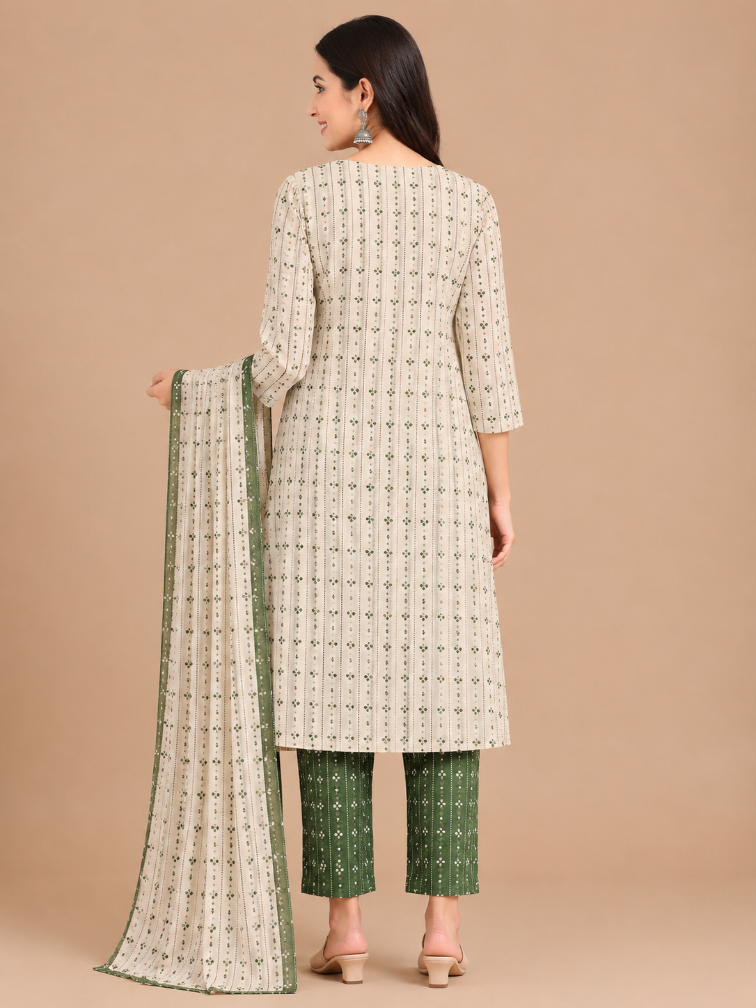 Women's Festive Cream 3-Piece Kurti Set with Embroidered Neckline
