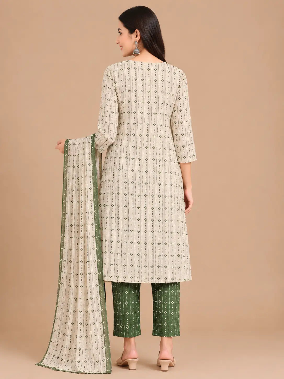 Women's Festive Cream 3-Piece Kurti Set with Embroidered Neckline