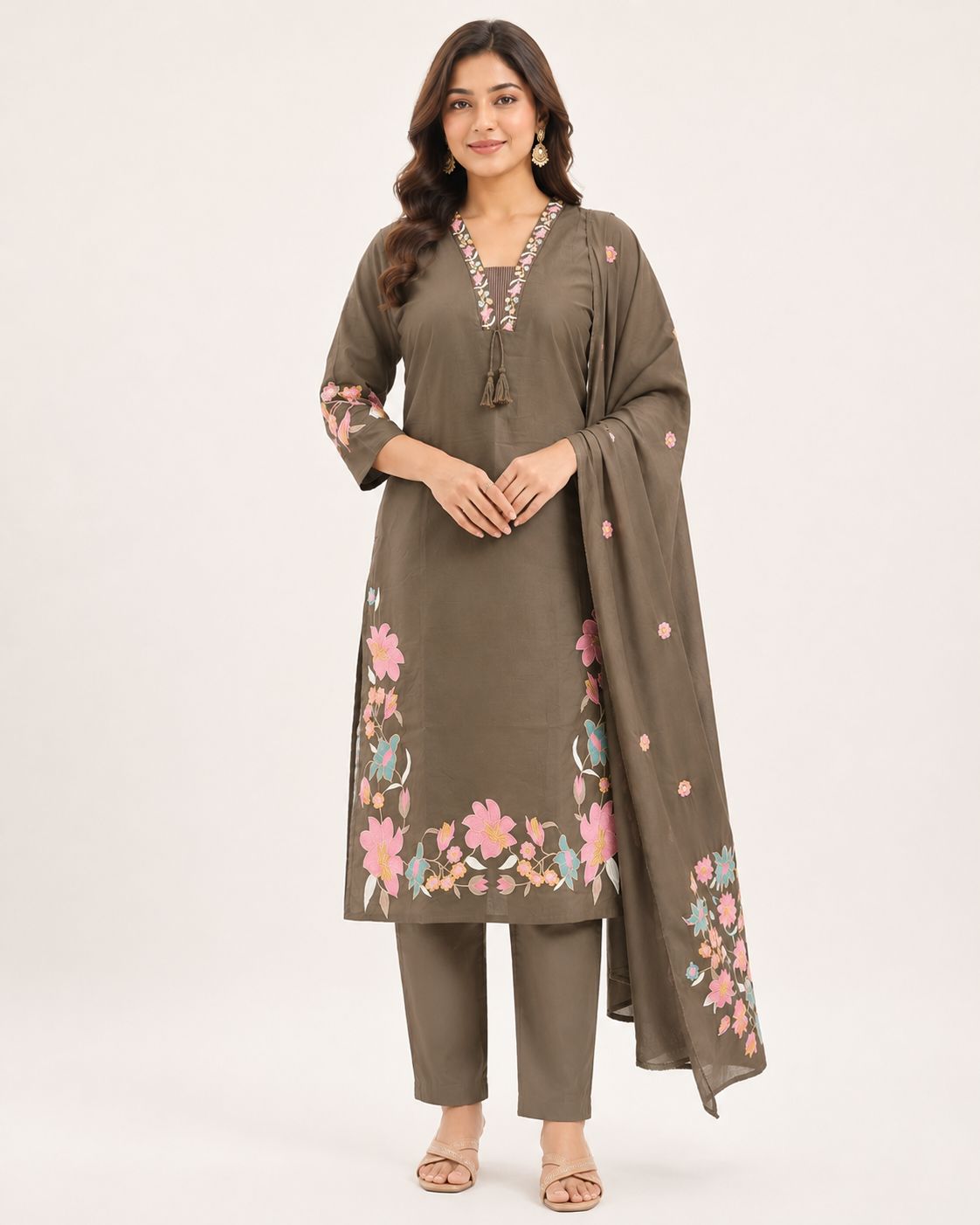 Women's Traditional Cream Kurti 3-Piece Set with V-Neck embroidery work