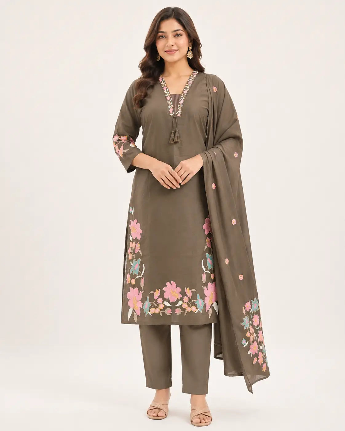 Women's Traditional Cream Kurti 3-Piece Set with V-Neck embroidery work