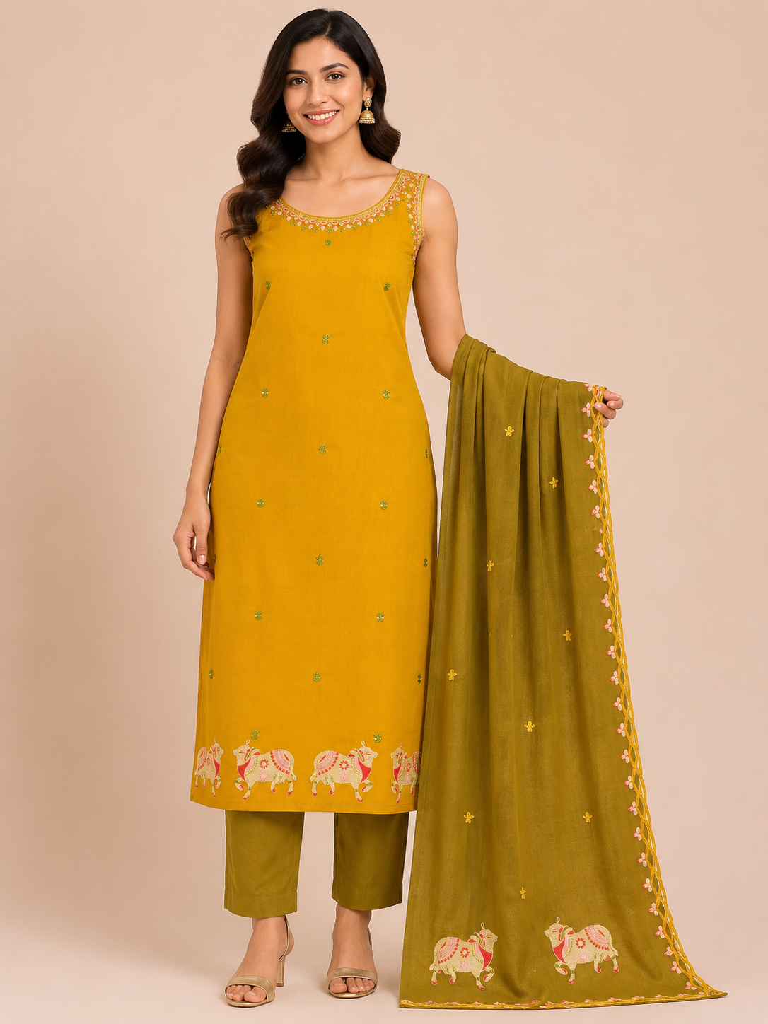 Women's Designer Mustard Yellow Party Wear  3-Piece Kurti Set with embroidery work