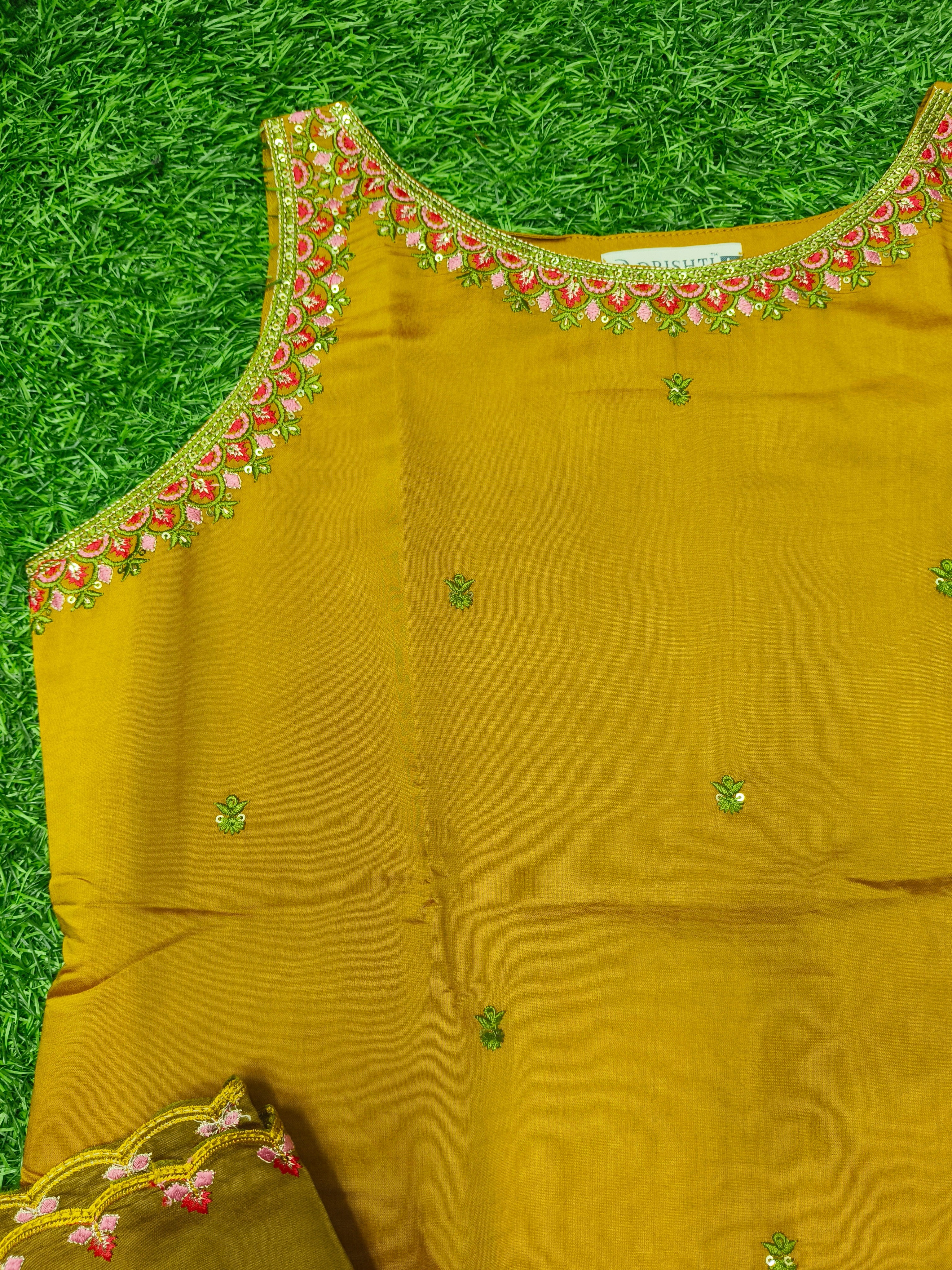 Women's Designer Mustard Yellow Party Wear  3-Piece Kurti Set with embroidery work