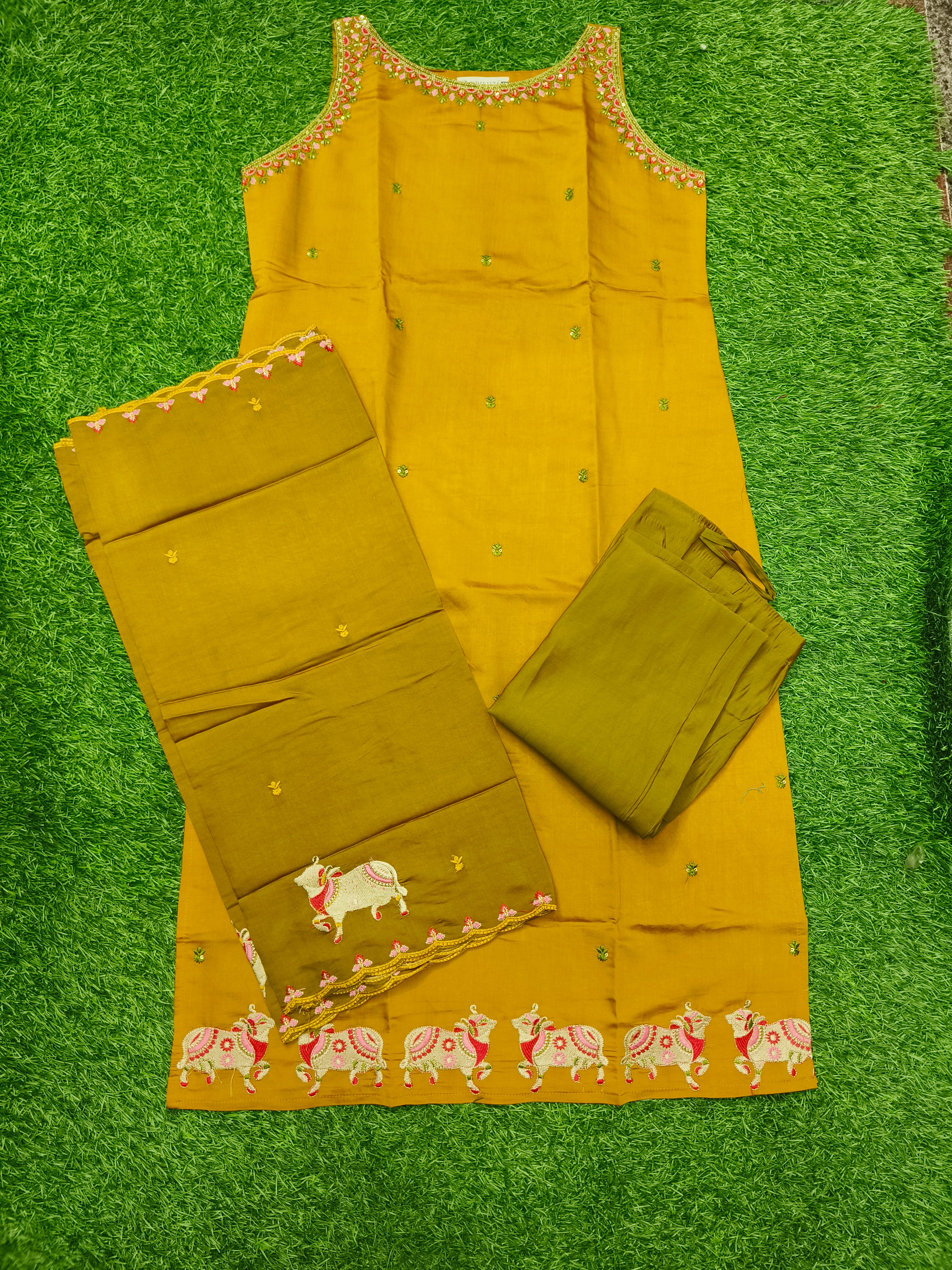 Women's Designer Mustard Yellow Party Wear  3-Piece Kurti Set with embroidery work