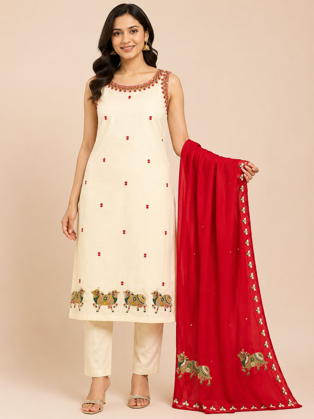 Women's Elegant Cream 3-Piece Embroidered Kurti Set