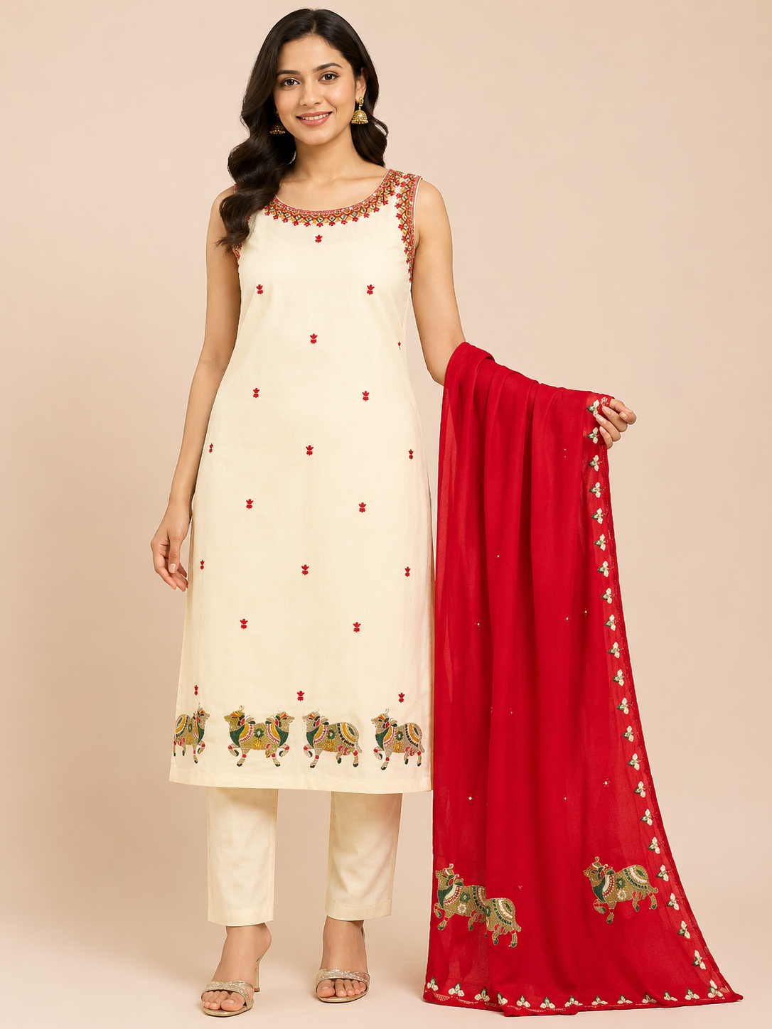 Women's Elegant Cream 3-Piece Embroidered Kurti Set