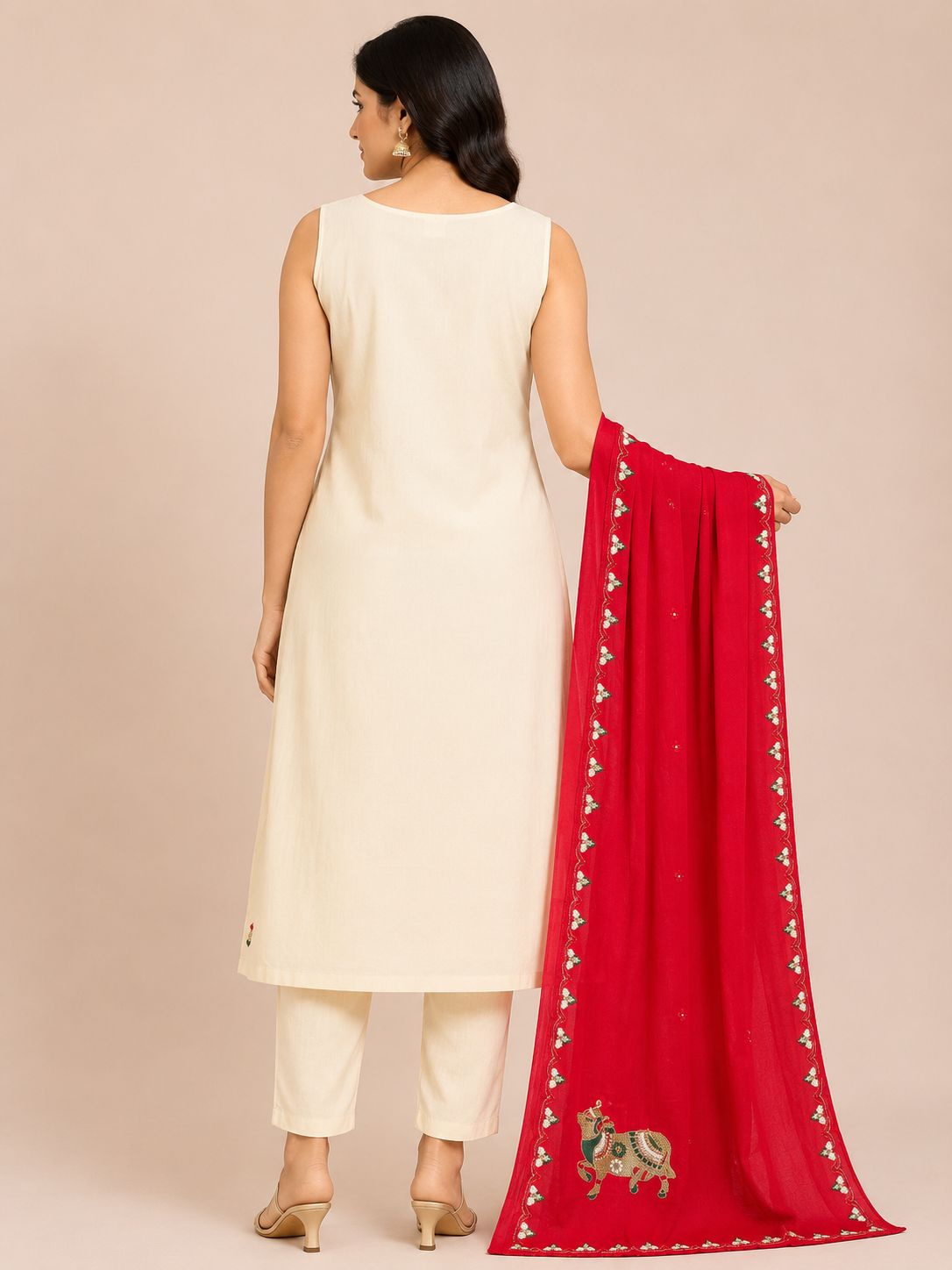 Women's Elegant Cream 3-Piece Embroidered Kurti Set