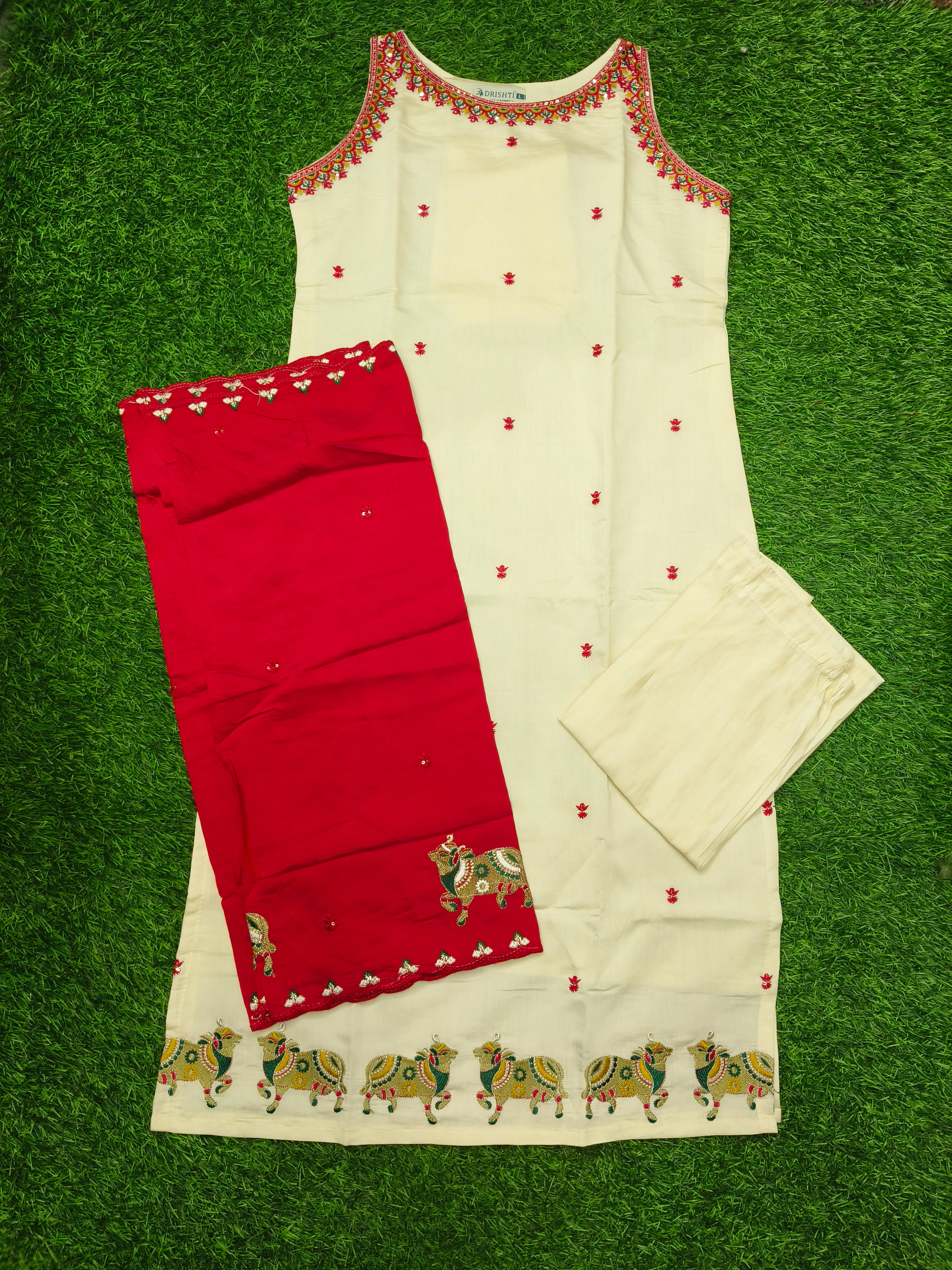 Women's Elegant Cream 3-Piece Embroidered Kurti Set