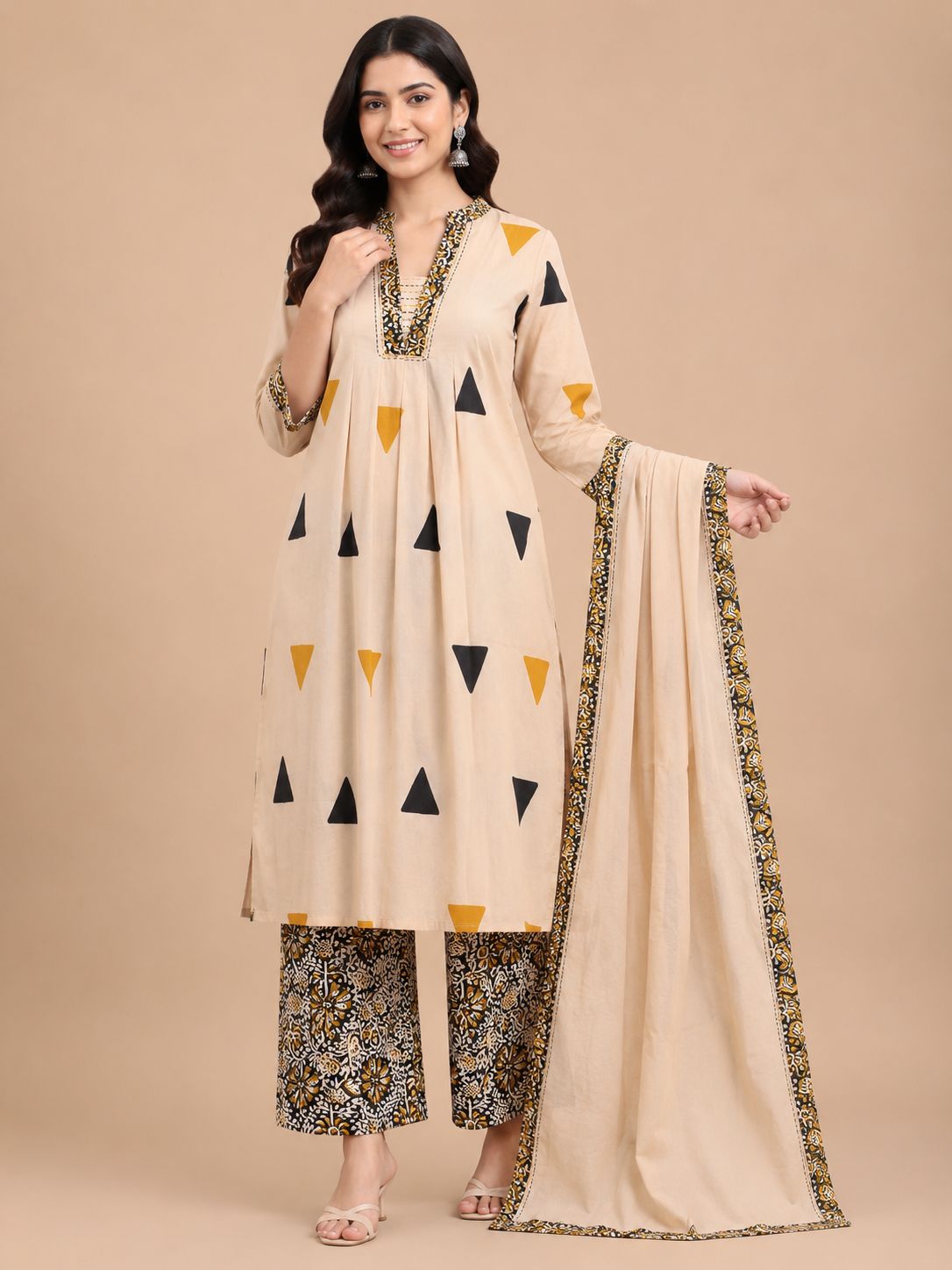 Women's Designer Cream 3-Piece Kurti Set with Printed V-Neck and 3/4 Sleeves