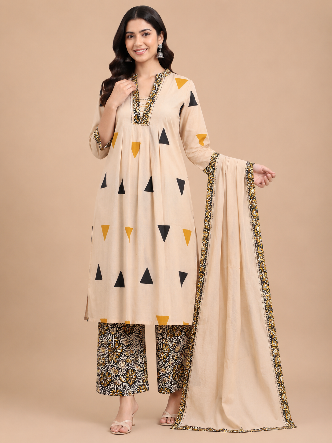 Women's Designer Cream 3-Piece Kurti Set with Printed V-Neck and 3/4 Sleeves