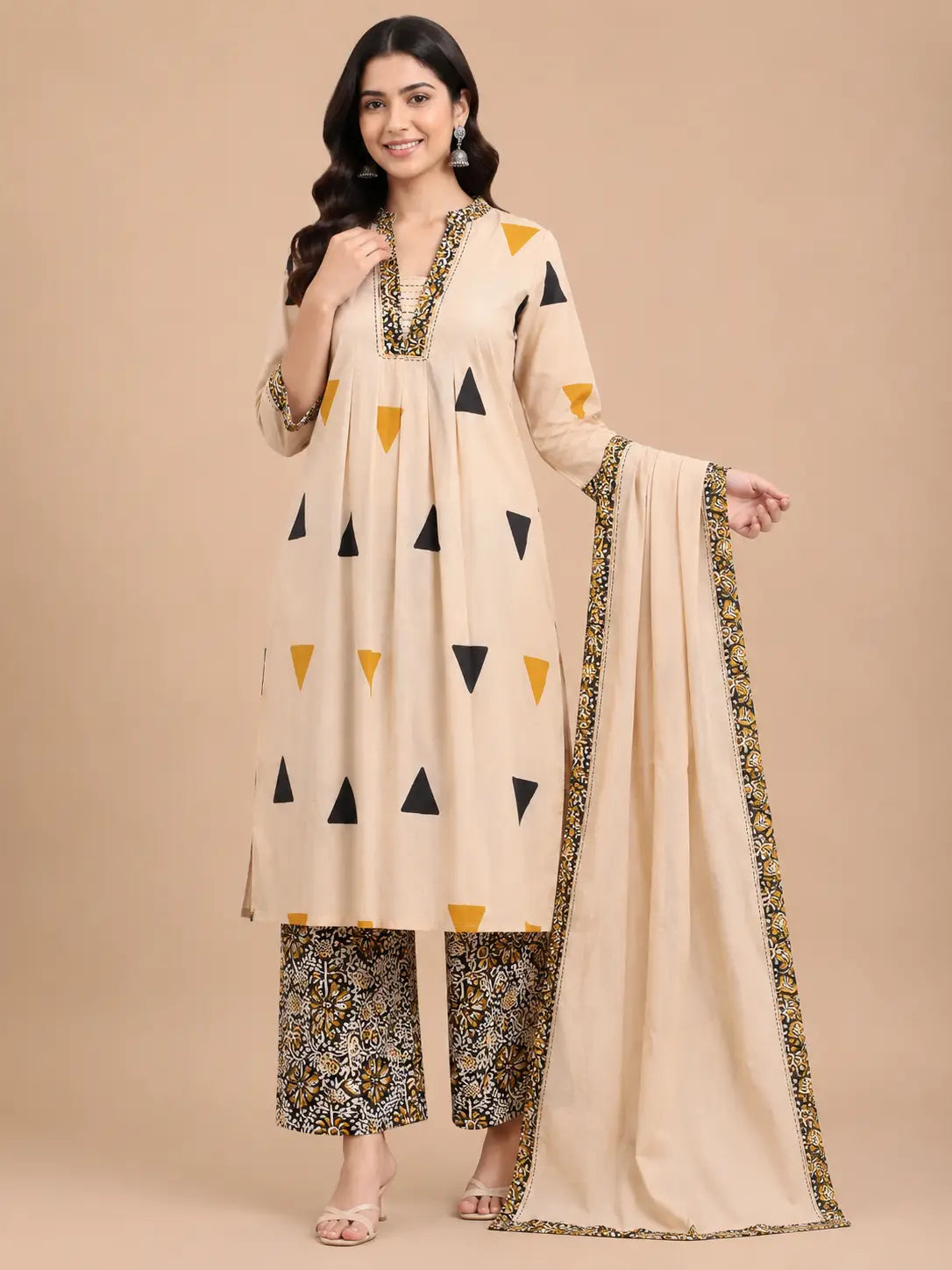 Women's Designer Cream 3-Piece Kurti Set with Printed V-Neck and 3/4 Sleeves
