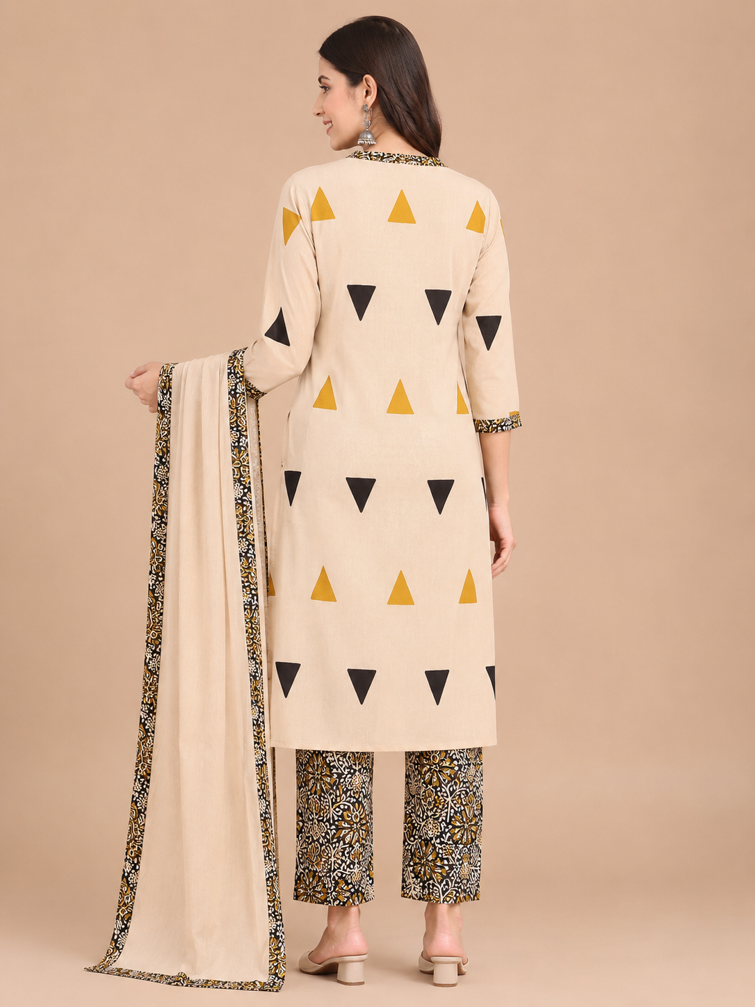 Women's Designer Cream 3-Piece Kurti Set with Printed V-Neck and 3/4 Sleeves