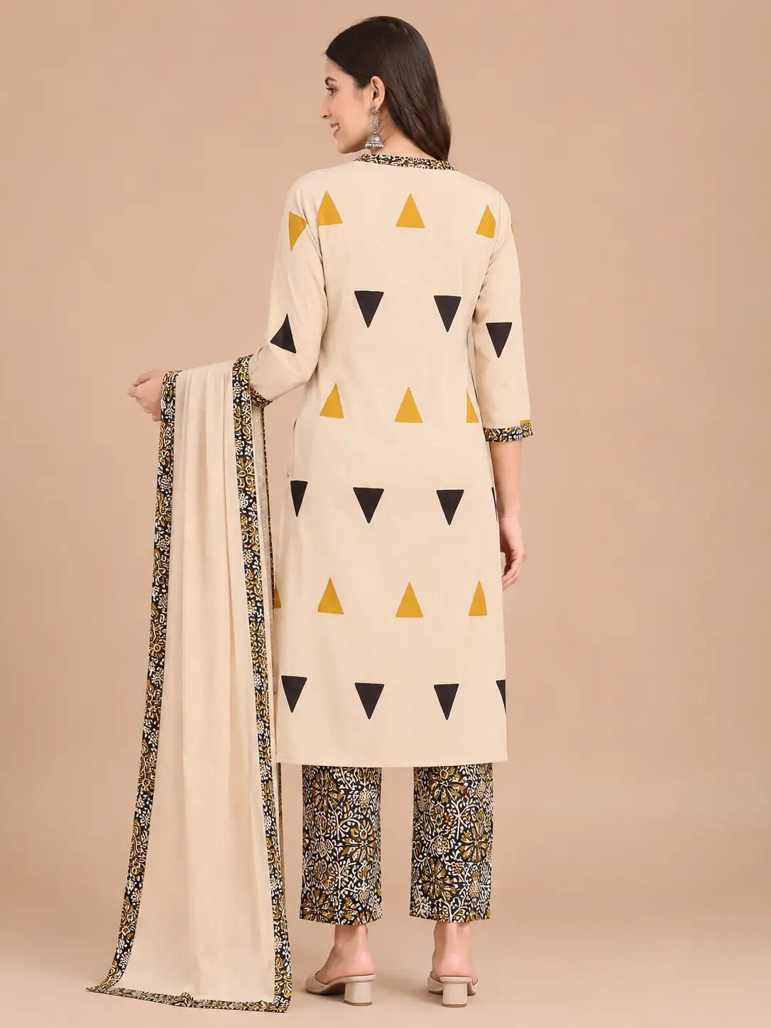 Women's Designer Cream 3-Piece Kurti Set with Printed V-Neck and 3/4 Sleeves