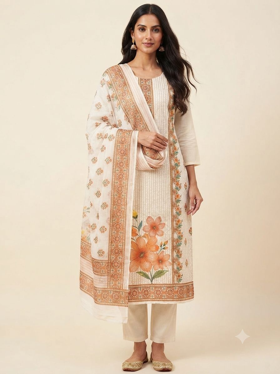 Women's Cream Ethnic 3-Piece Kurti Set with Floral Print and 3/4 Sleeves