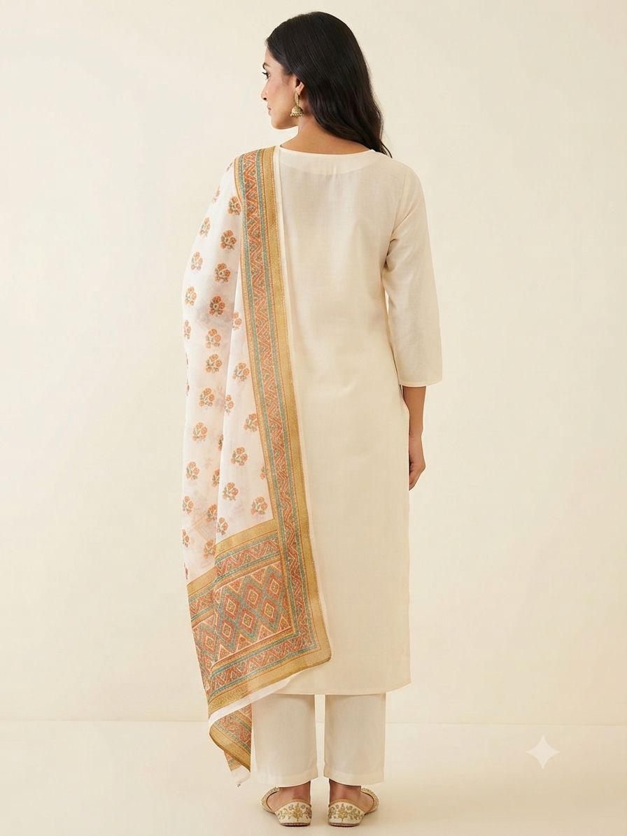 Women's Cream Ethnic 3-Piece Kurti Set with Floral Print and 3/4 Sleeves