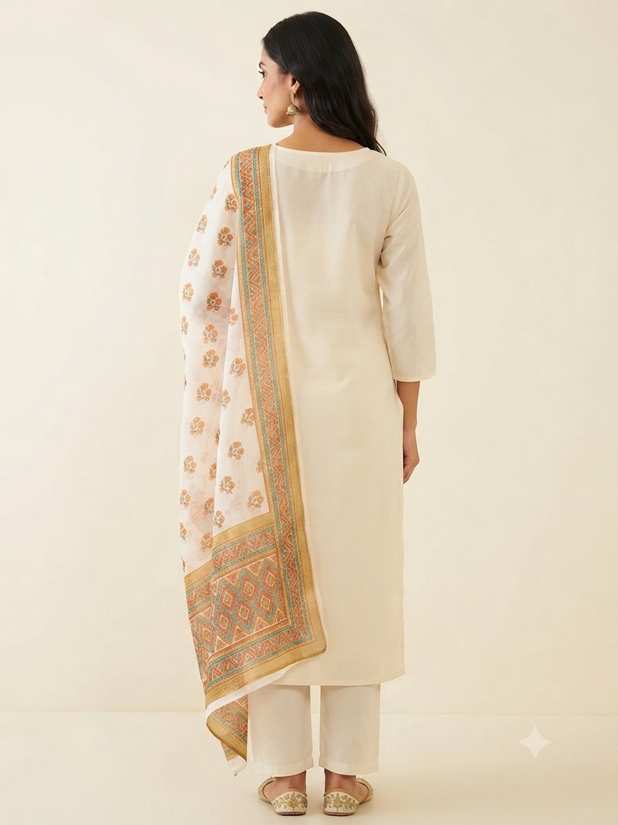 Women's Cream Ethnic 3-Piece Kurti Set with Floral Print and 3/4 Sleeves