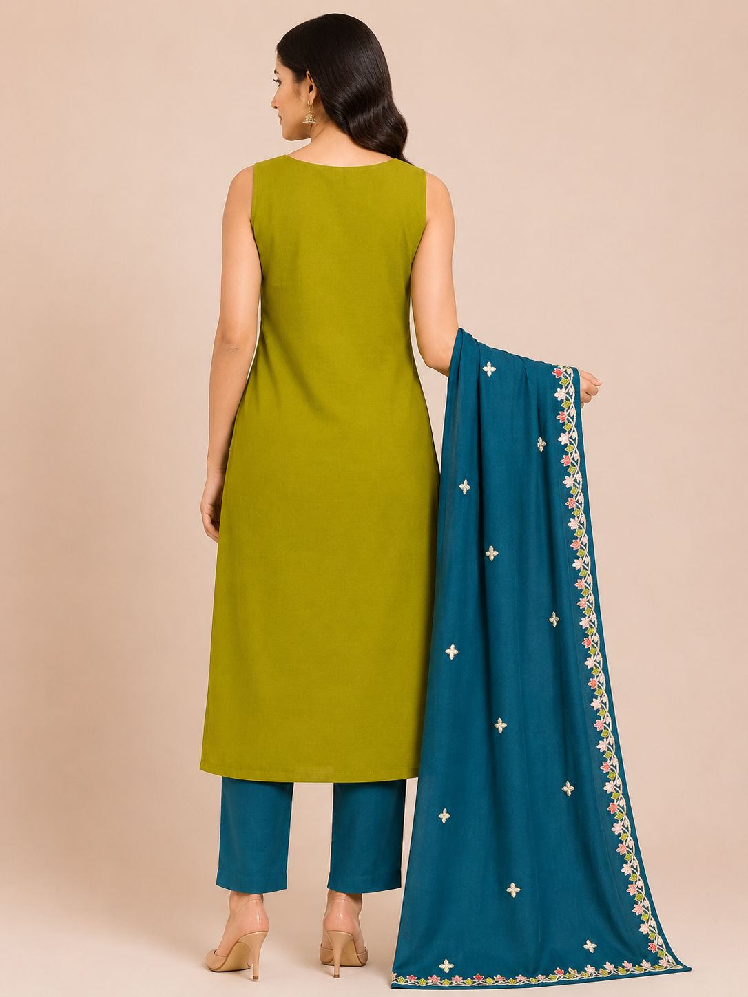 Women's Traditional Pista Green Party Wear  3-Piece Kurti Set with embroidery work