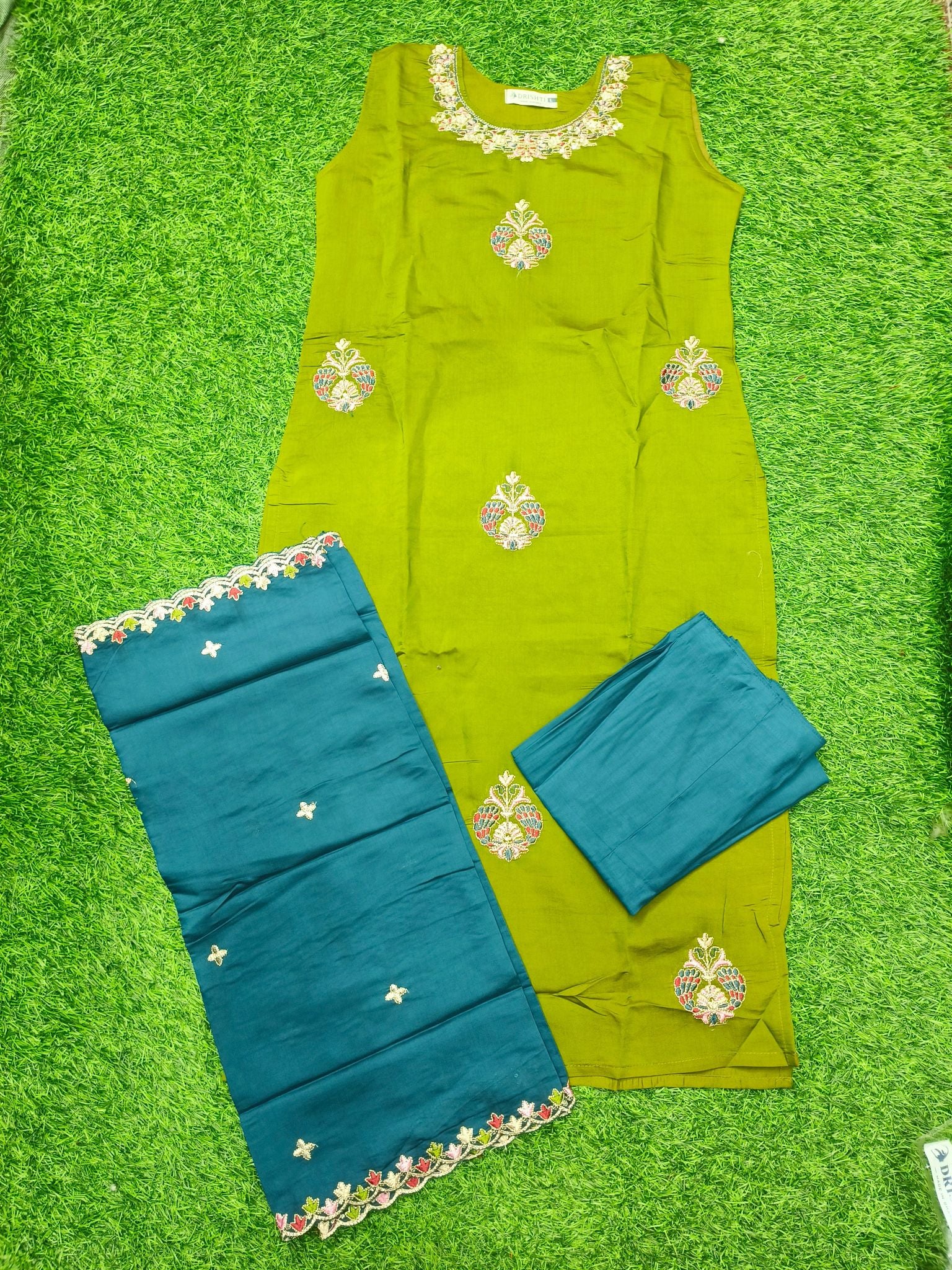 Women's Traditional Pista Green Party Wear  3-Piece Kurti Set with embroidery work