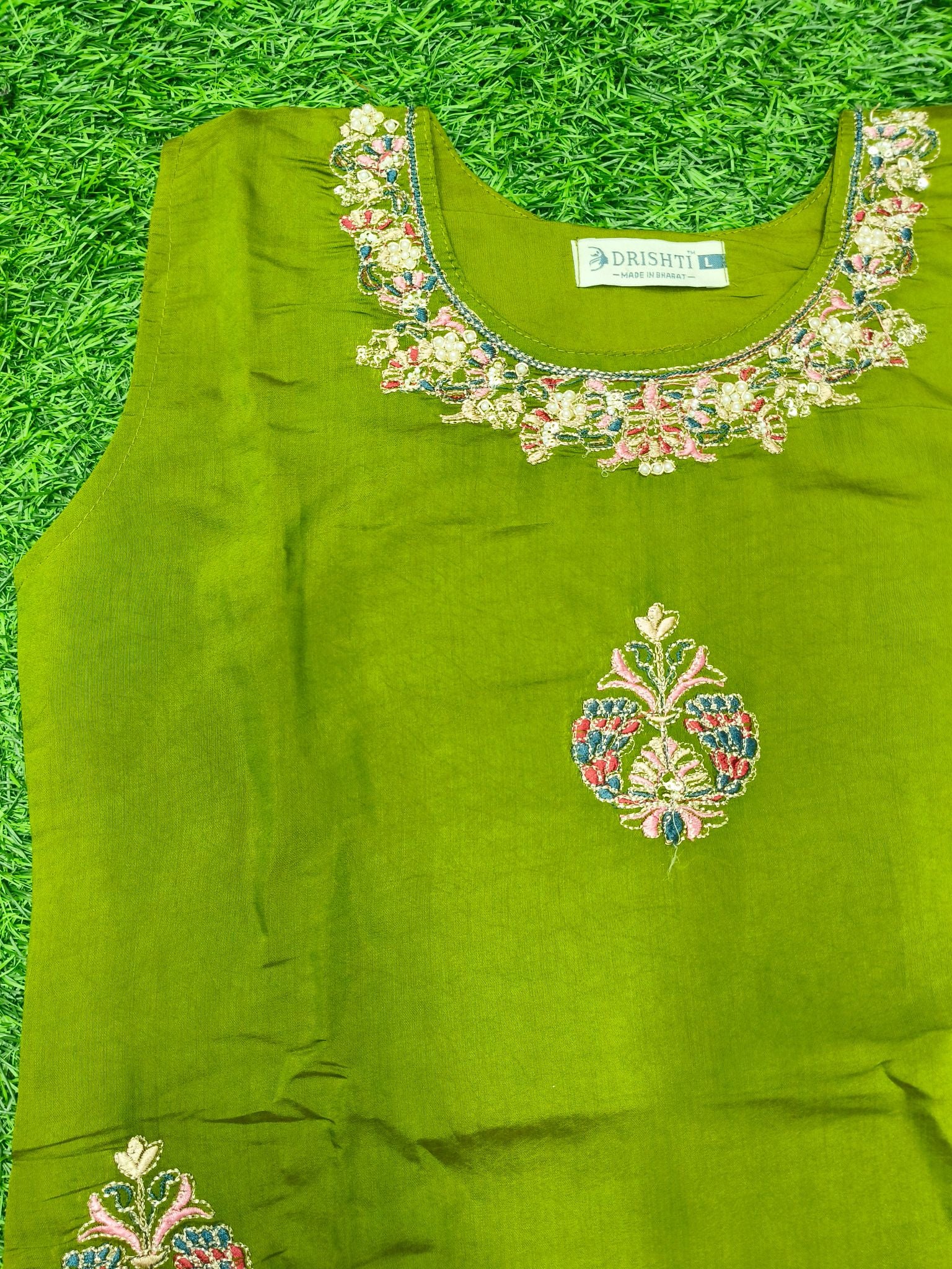 Women's Traditional Pista Green Party Wear  3-Piece Kurti Set with embroidery work