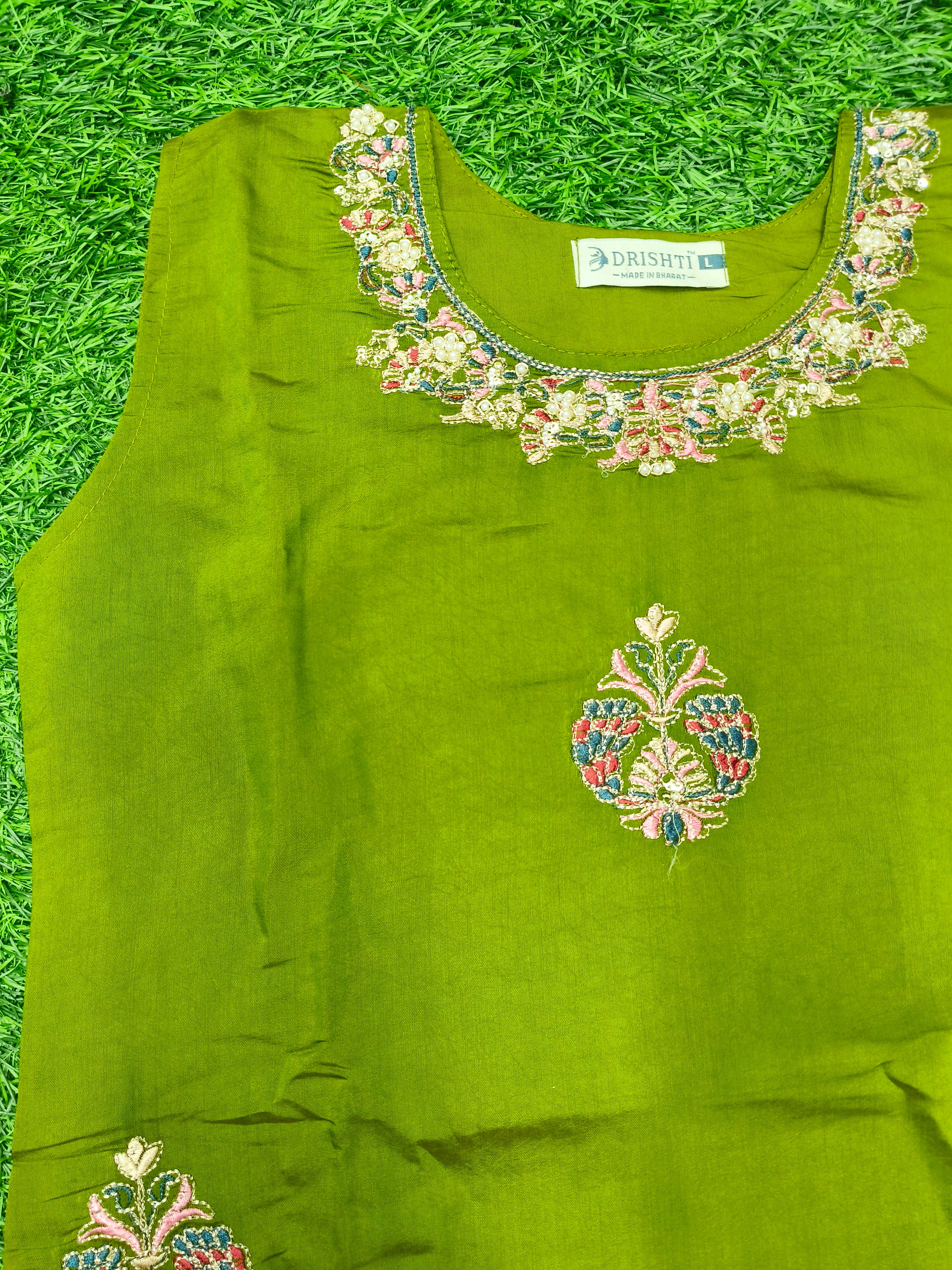 Women's Traditional Pista Green Party Wear  3-Piece Kurti Set with embroidery work