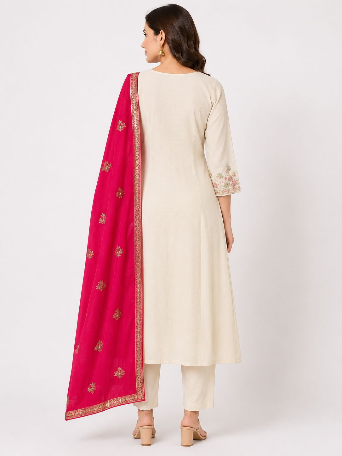 Women's Cream Embroidered Mall Chanderi Fabric Umbrella  3-Piece Kurti Set