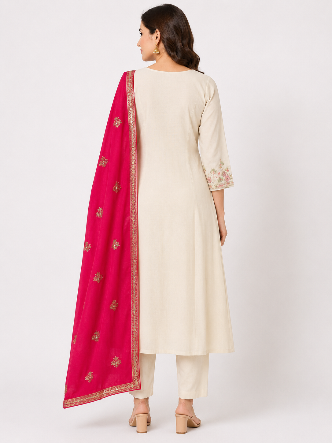 Women's Cream Embroidered Mall Chanderi Fabric Umbrella  3-Piece Kurti Set