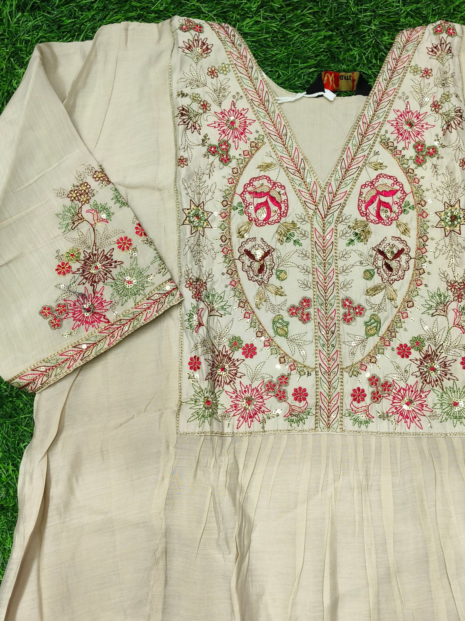 Women's Cream Embroidered Mall Chanderi Fabric Umbrella  3-Piece Kurti Set