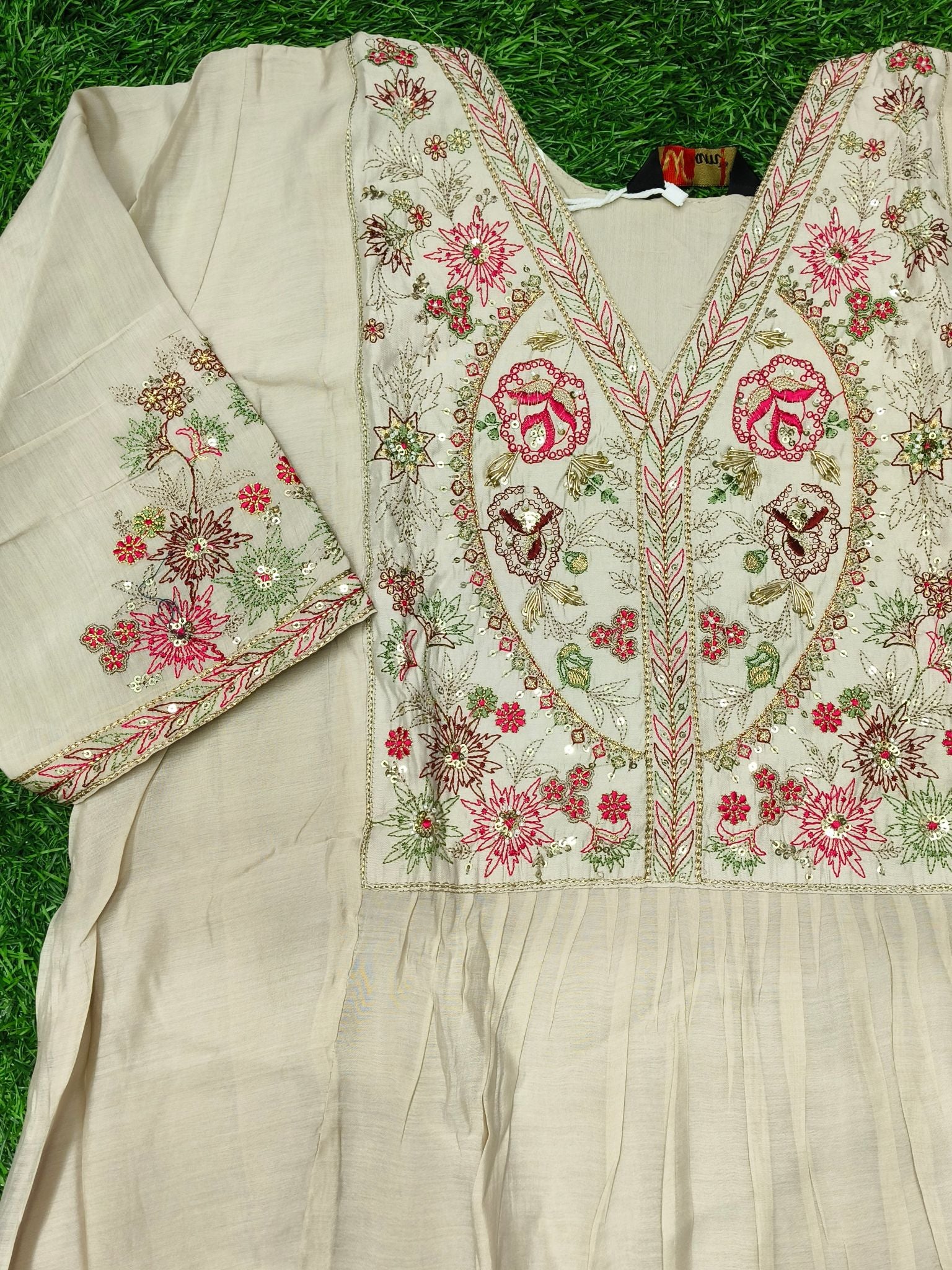 Women's Cream Embroidered Mall Chanderi Fabric Umbrella  3-Piece Kurti Set