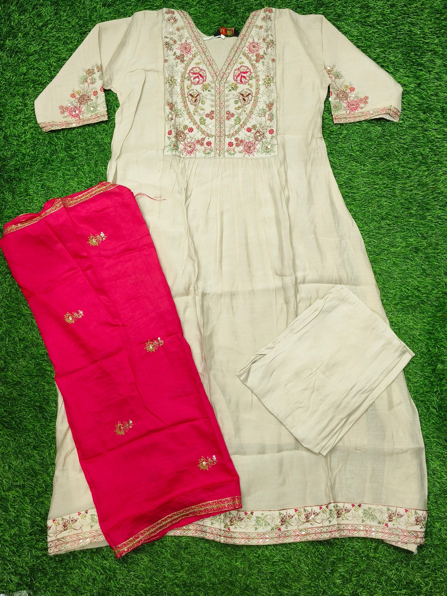 Women's Cream Embroidered Mall Chanderi Fabric Umbrella  3-Piece Kurti Set