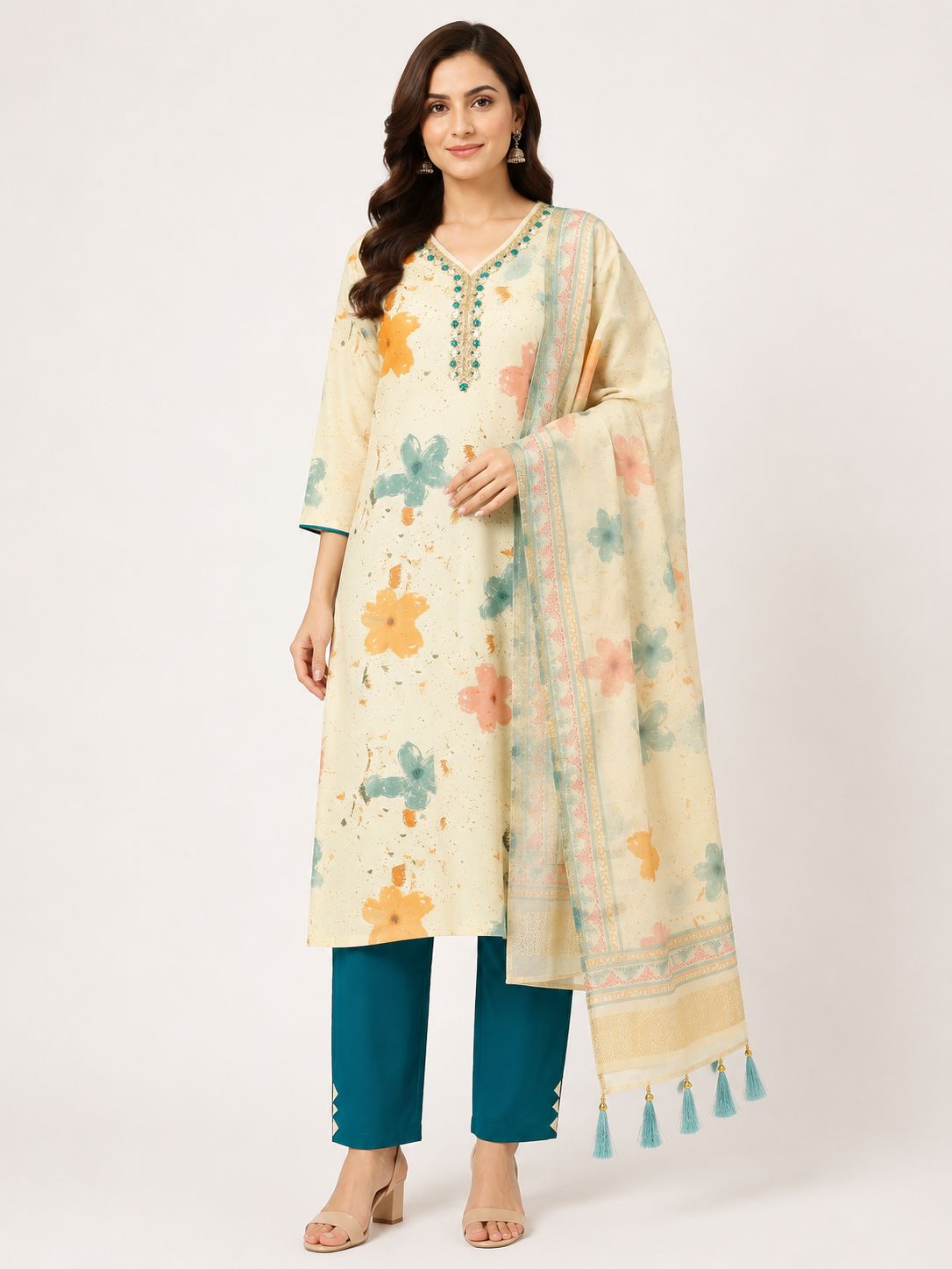 Women's Cream 3-Piece Kurti Set with Digital Print and embroidery work