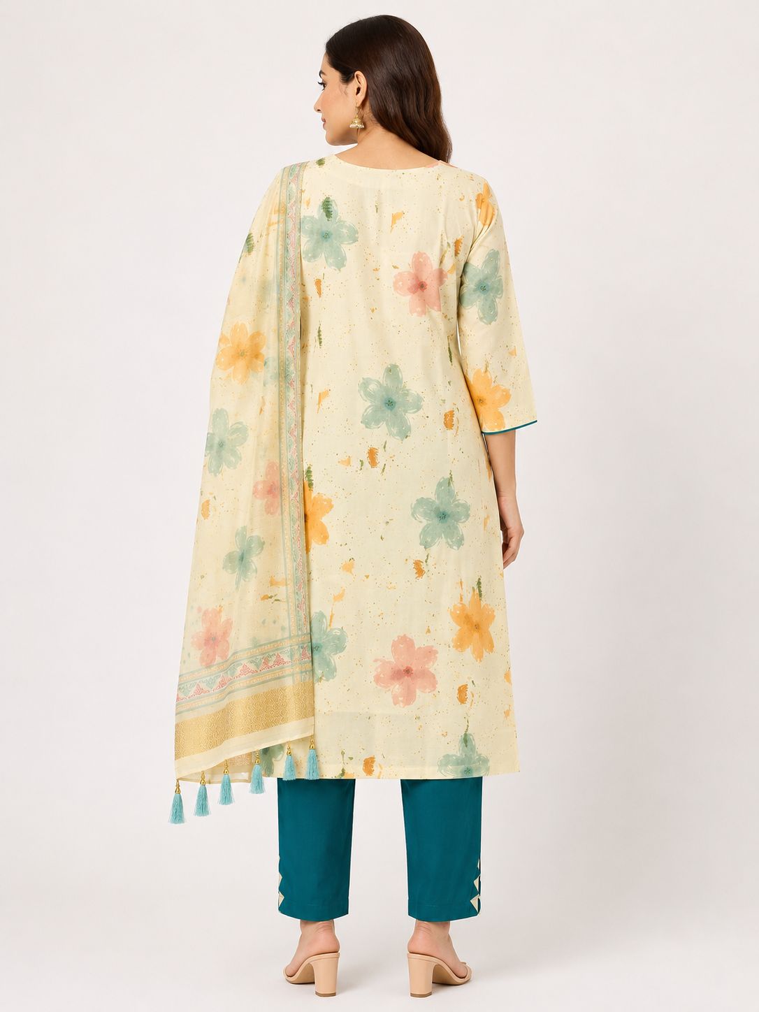 Women's Cream 3-Piece Kurti Set with Digital Print and embroidery work