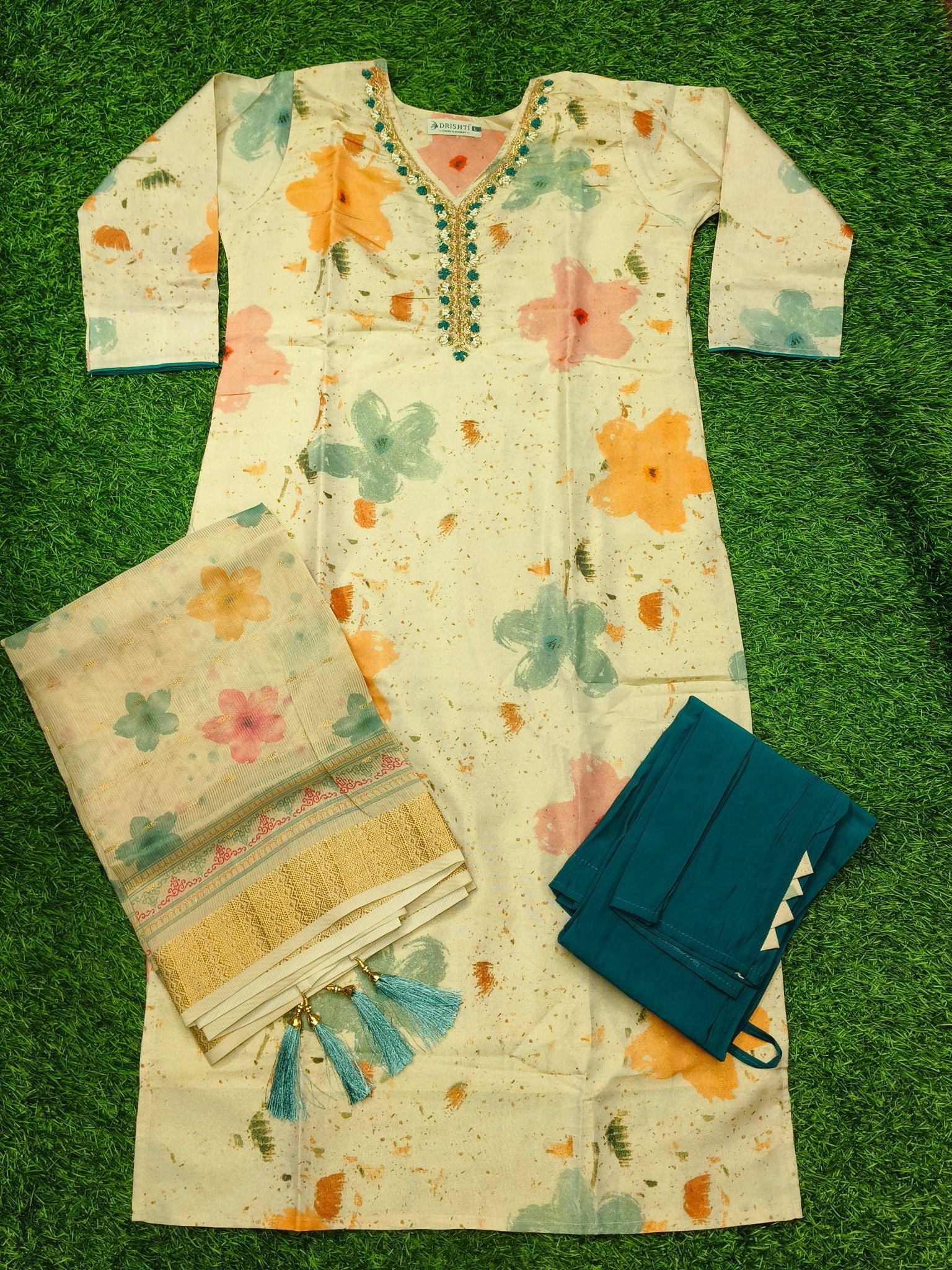 Women's Cream 3-Piece Kurti Set with Digital Print and embroidery work