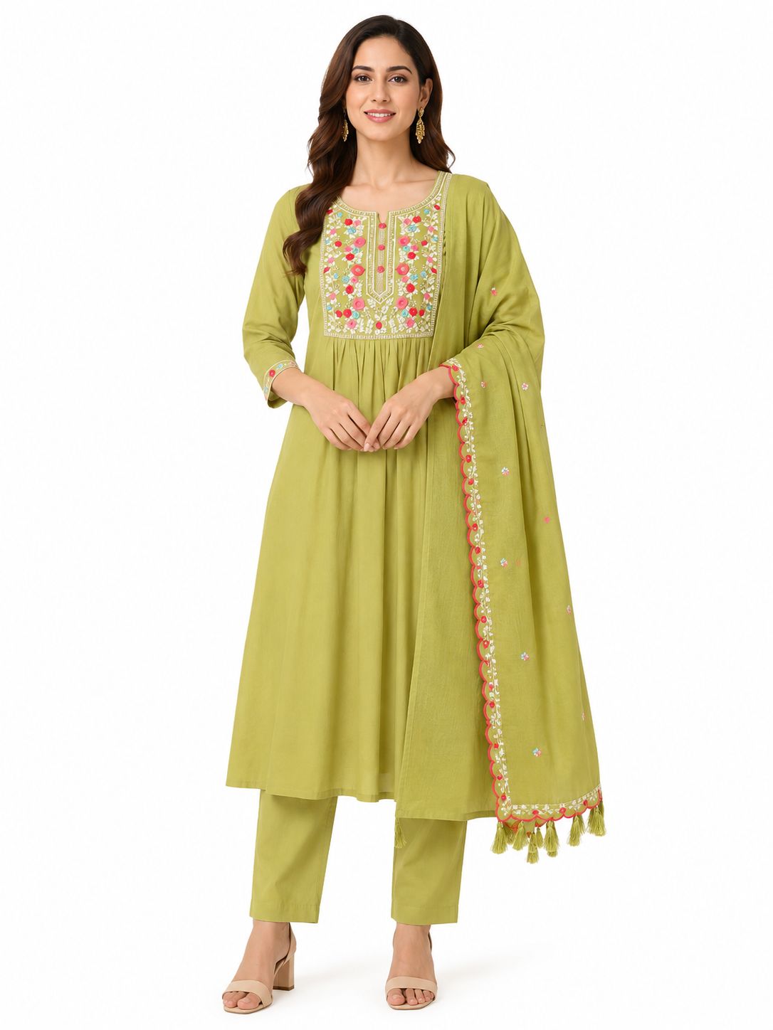 Women's Olive Green 3-Piece Flared Umbrella Kurti Set with 3/4 Sleeves