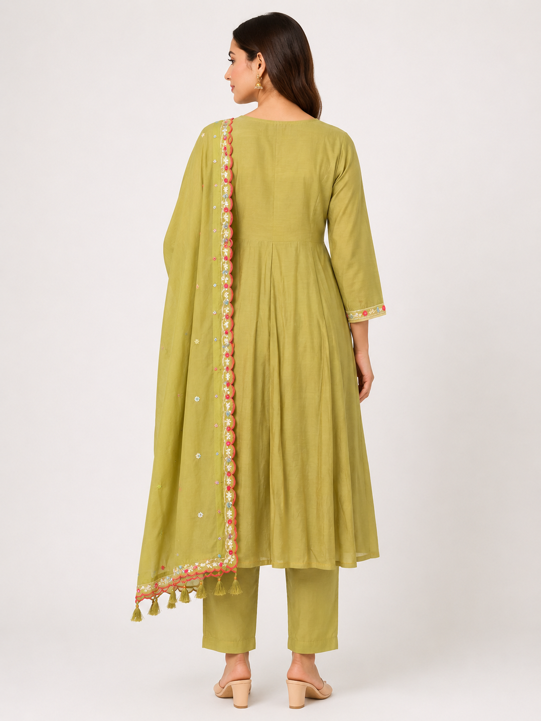 Women's Olive Green 3-Piece Flared Umbrella Kurti Set with 3/4 Sleeves