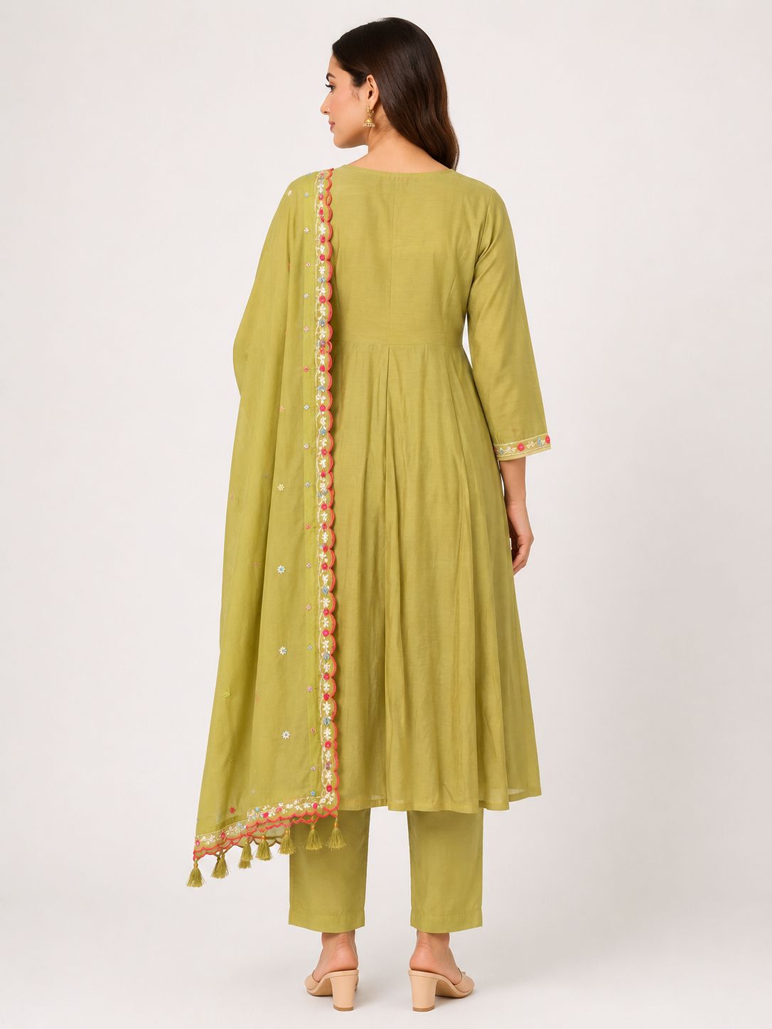 Women's Olive Green 3-Piece Flared Umbrella Kurti Set with 3/4 Sleeves