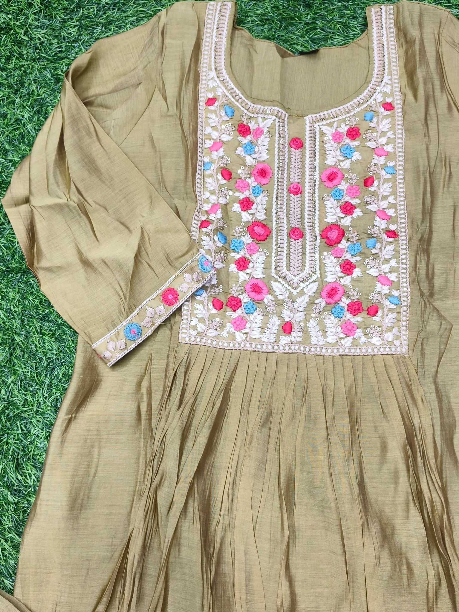 Women's Olive Green 3-Piece Flared Umbrella Kurti Set with 3/4 Sleeves