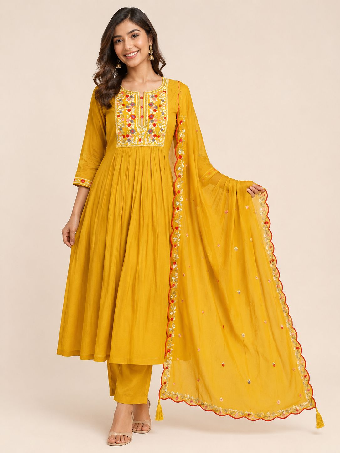 Women's Elegant Mustard Yellow Embroidered Chanderi  3-Piece Kurti Set